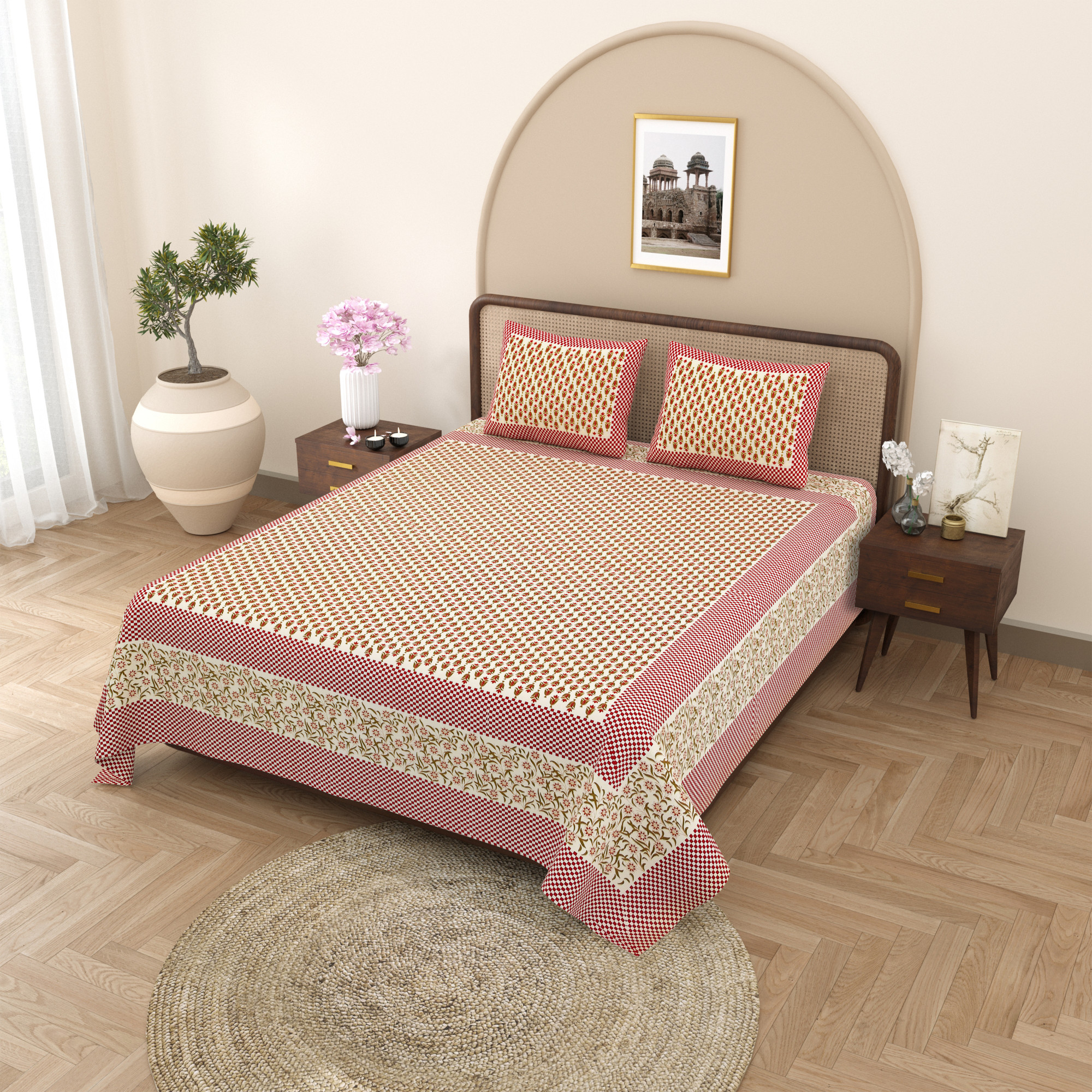 Pink Green Floral Print Pure Cotton Double Bedsheet with 2 Pillow Covers