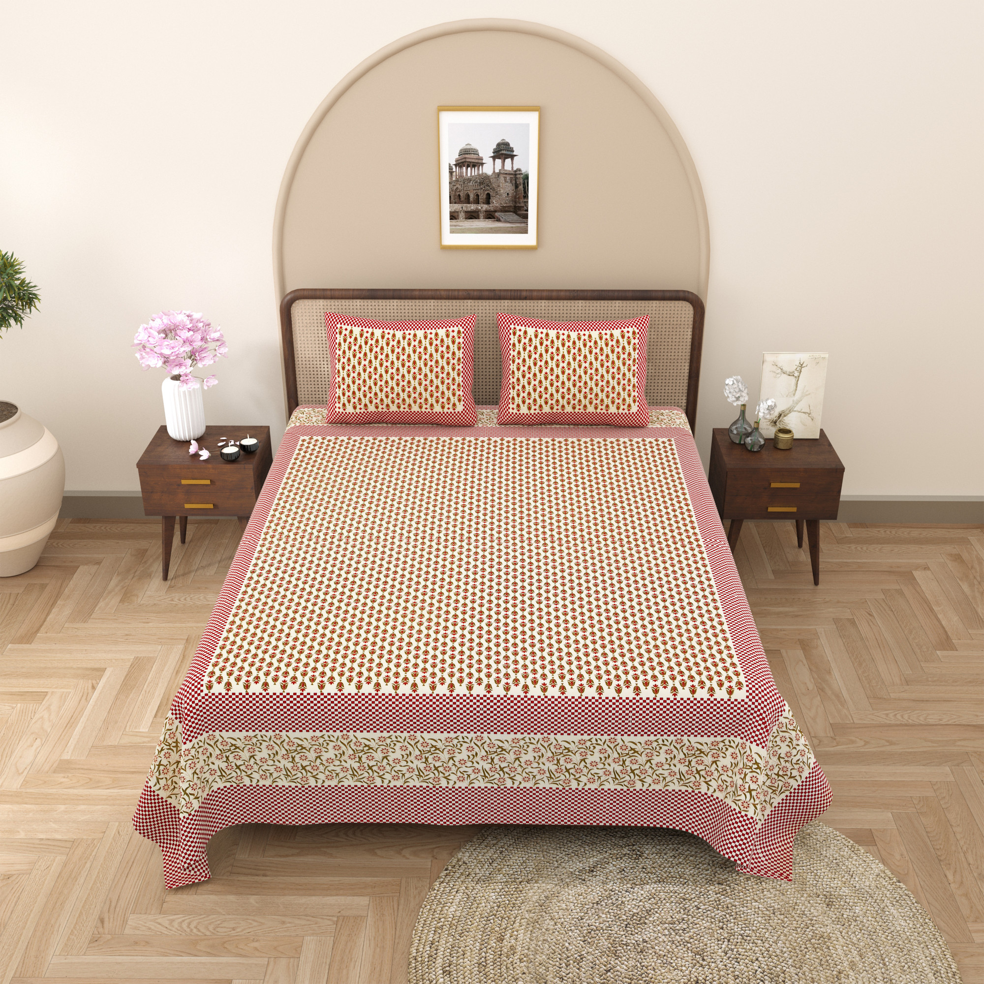 Pink Green Floral Print Pure Cotton Double Bedsheet with 2 Pillow Covers