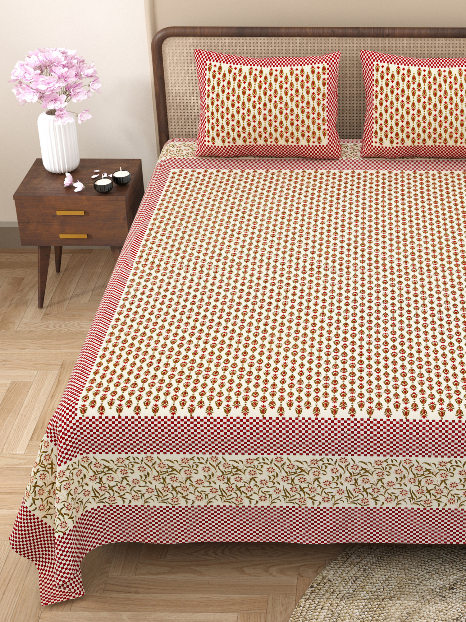 Pink Green Floral Print Pure Cotton Double Bedsheet with 2 Pillow Covers