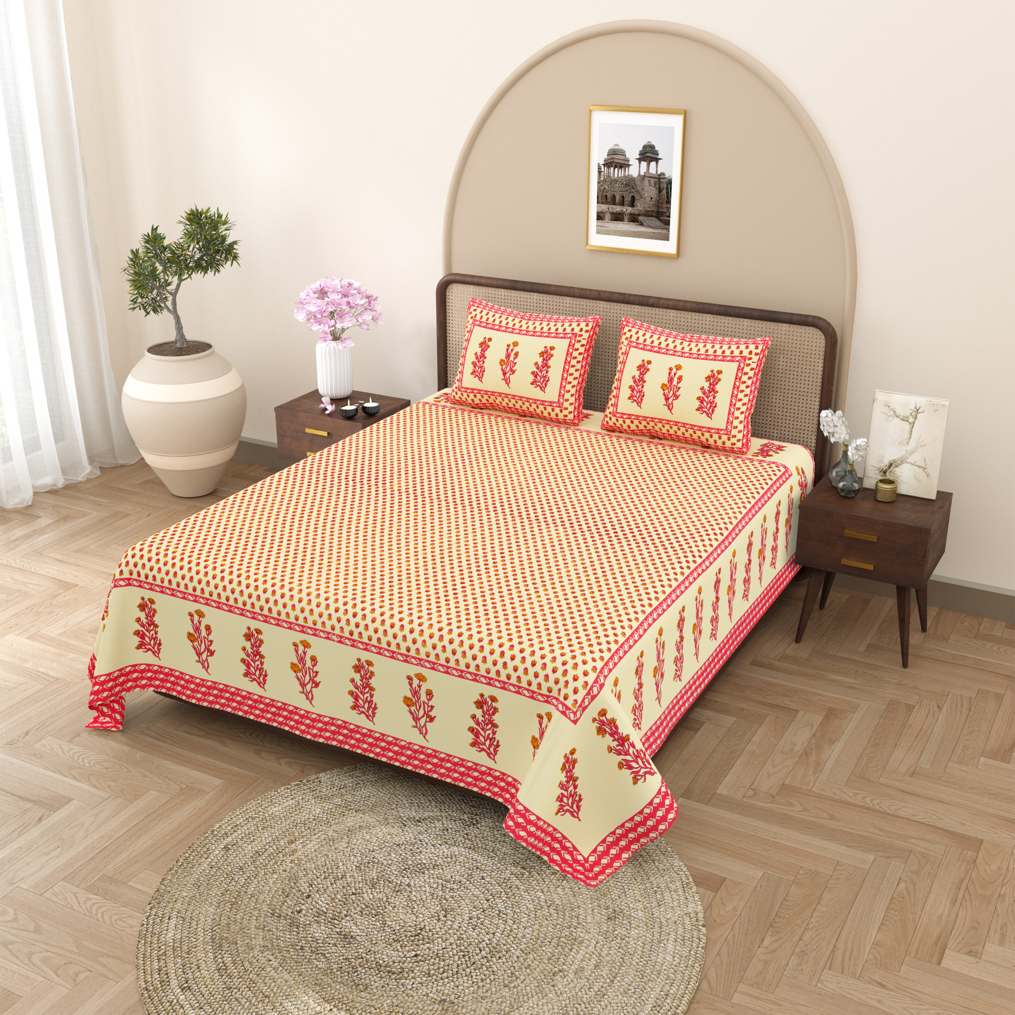 Pink Yellow Floral Print Pure Cotton Double Bedsheet with 2 Pillow Covers