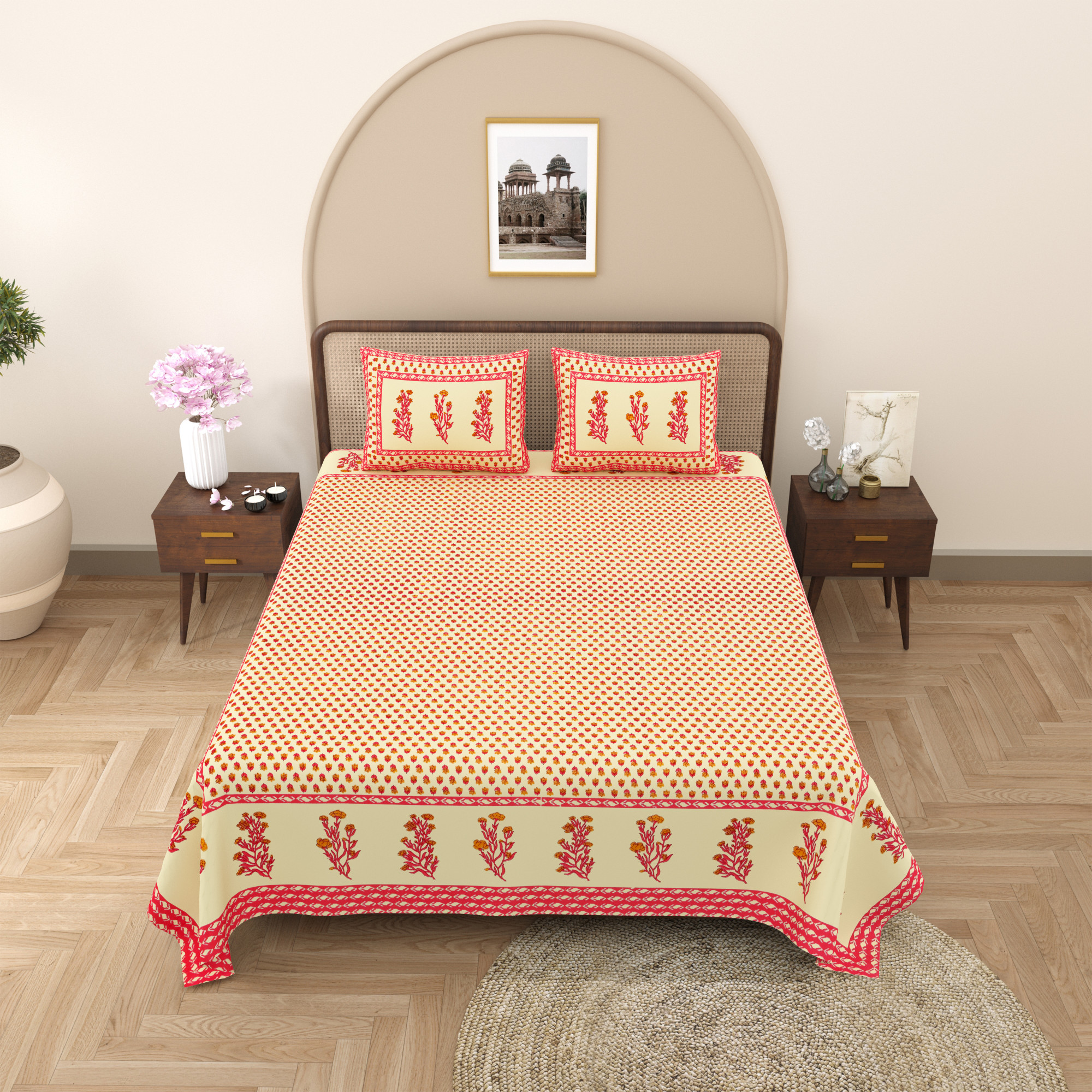Pink Yellow Floral Print Pure Cotton Double Bedsheet with 2 Pillow Covers