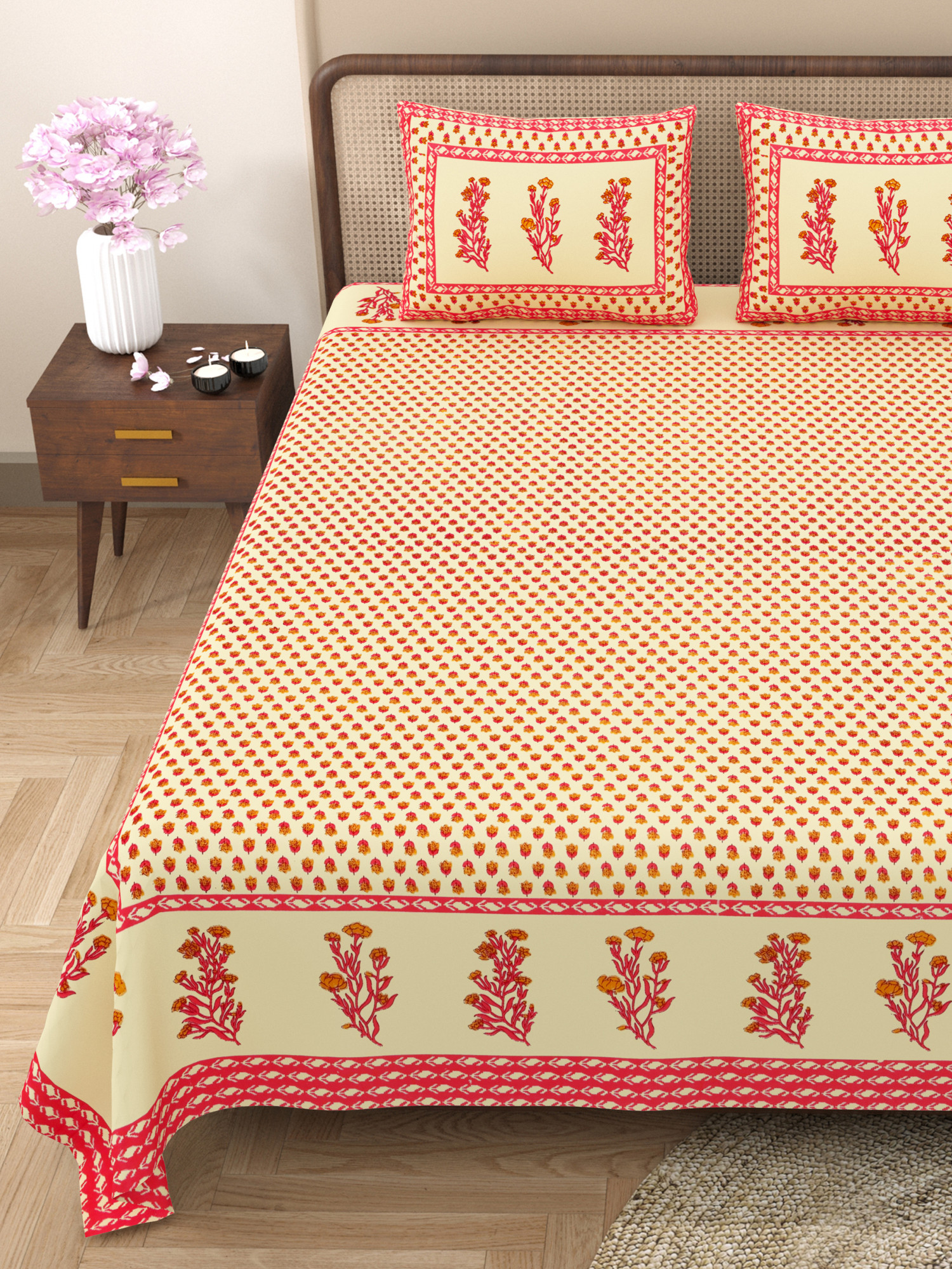 Pink Yellow Floral Print Pure Cotton Double Bedsheet with 2 Pillow Covers