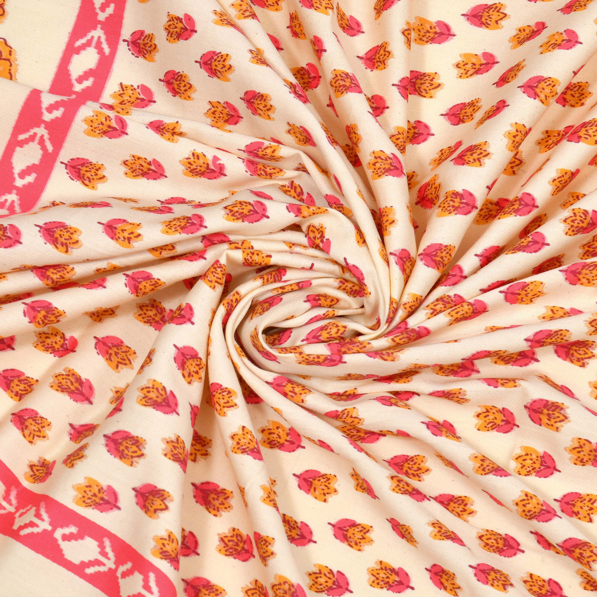 Pink Yellow Floral Print Pure Cotton Double Bedsheet with 2 Pillow Covers