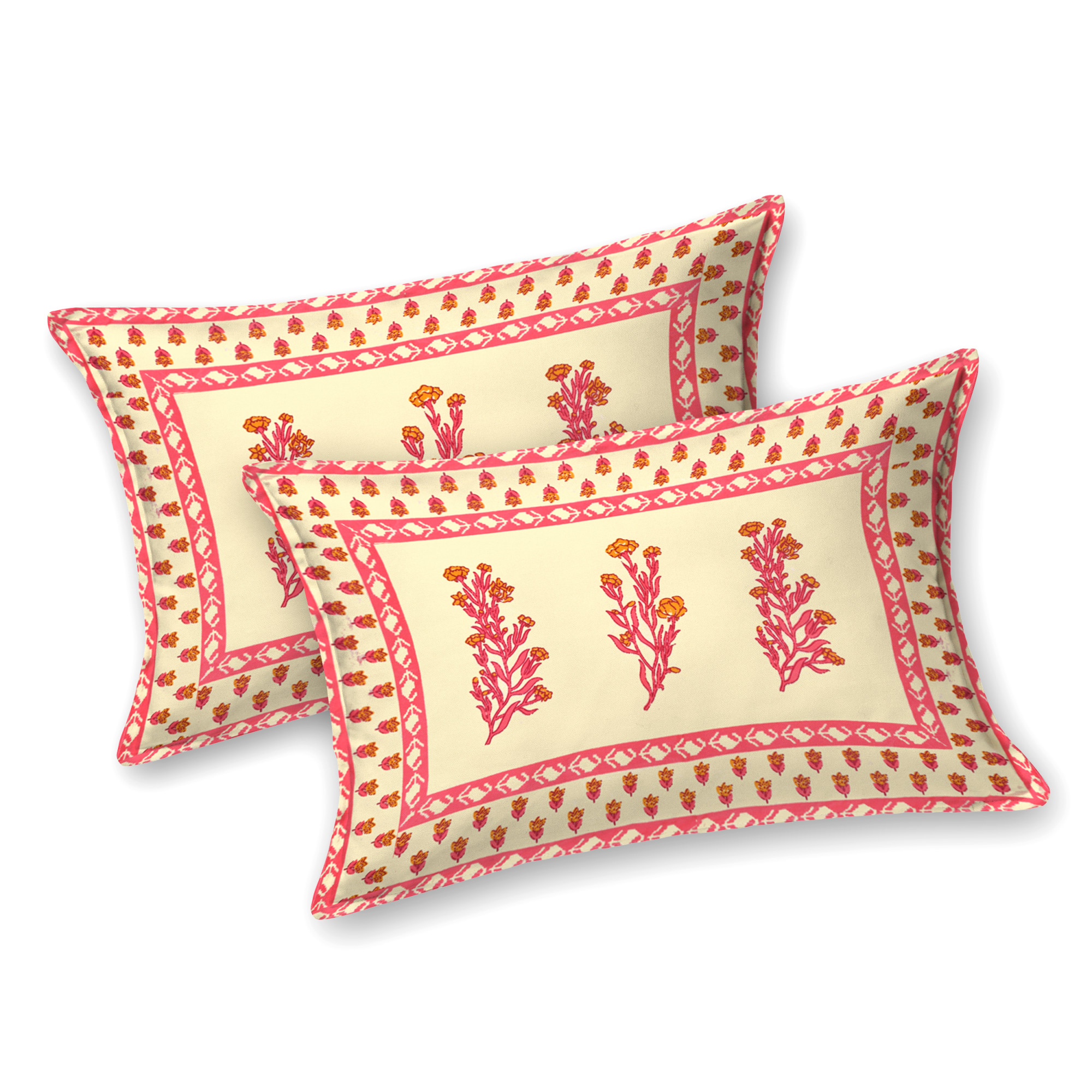 Pink Yellow Floral Print Pure Cotton Double Bedsheet with 2 Pillow Covers