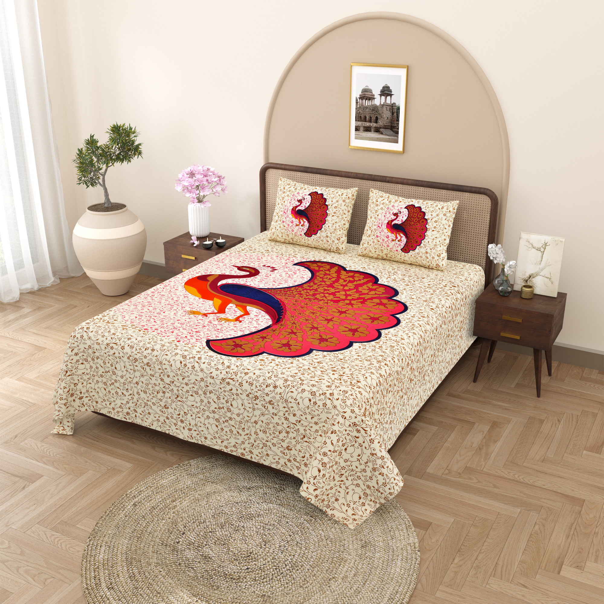 Pink Dancing Peacock Pure Cotton Double BedSheet with 2 Pillow Covers