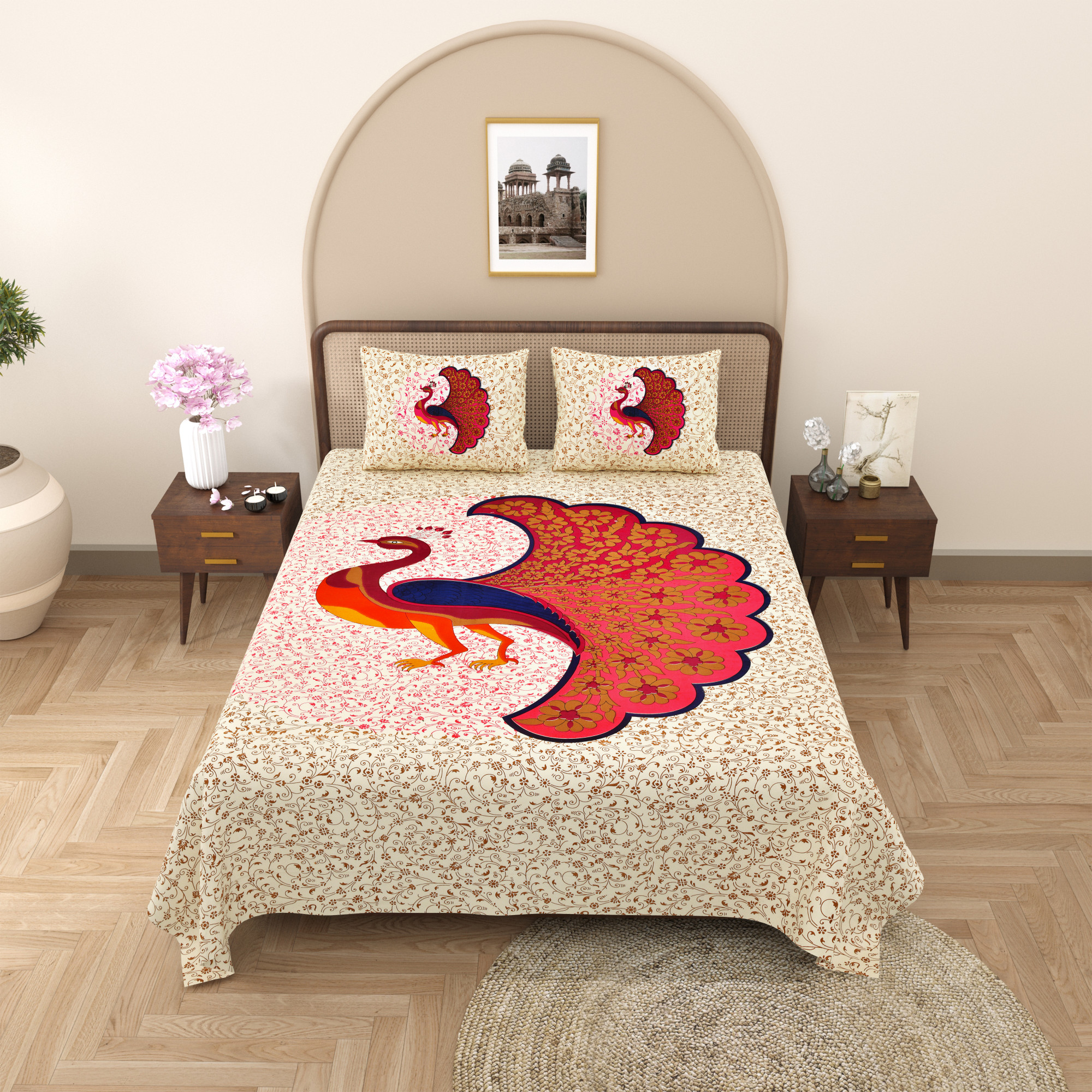Pink Dancing Peacock Pure Cotton Double BedSheet with 2 Pillow Covers