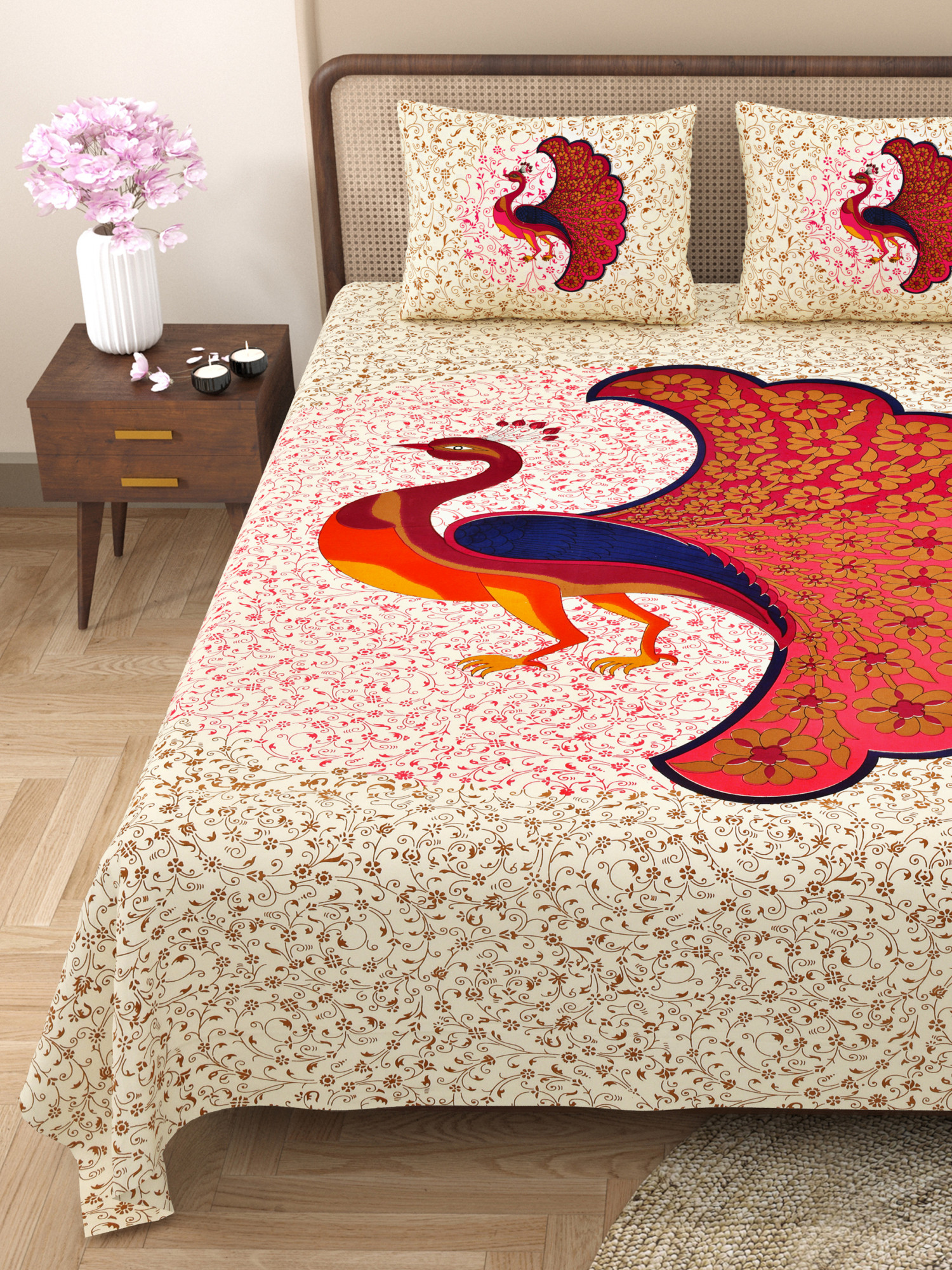 Pink Dancing Peacock Pure Cotton Double BedSheet with 2 Pillow Covers