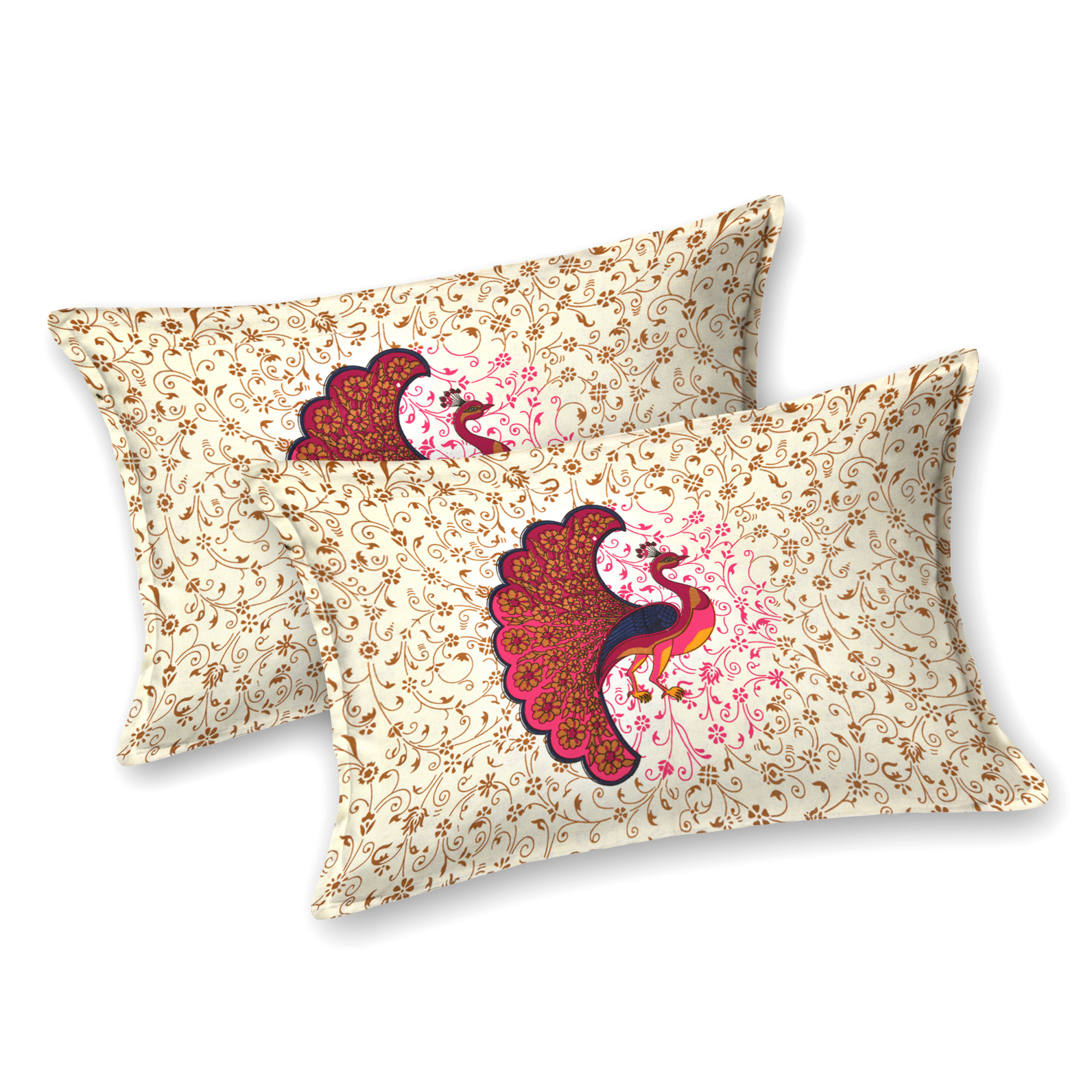 Pink Dancing Peacock Pure Cotton Double BedSheet with 2 Pillow Covers