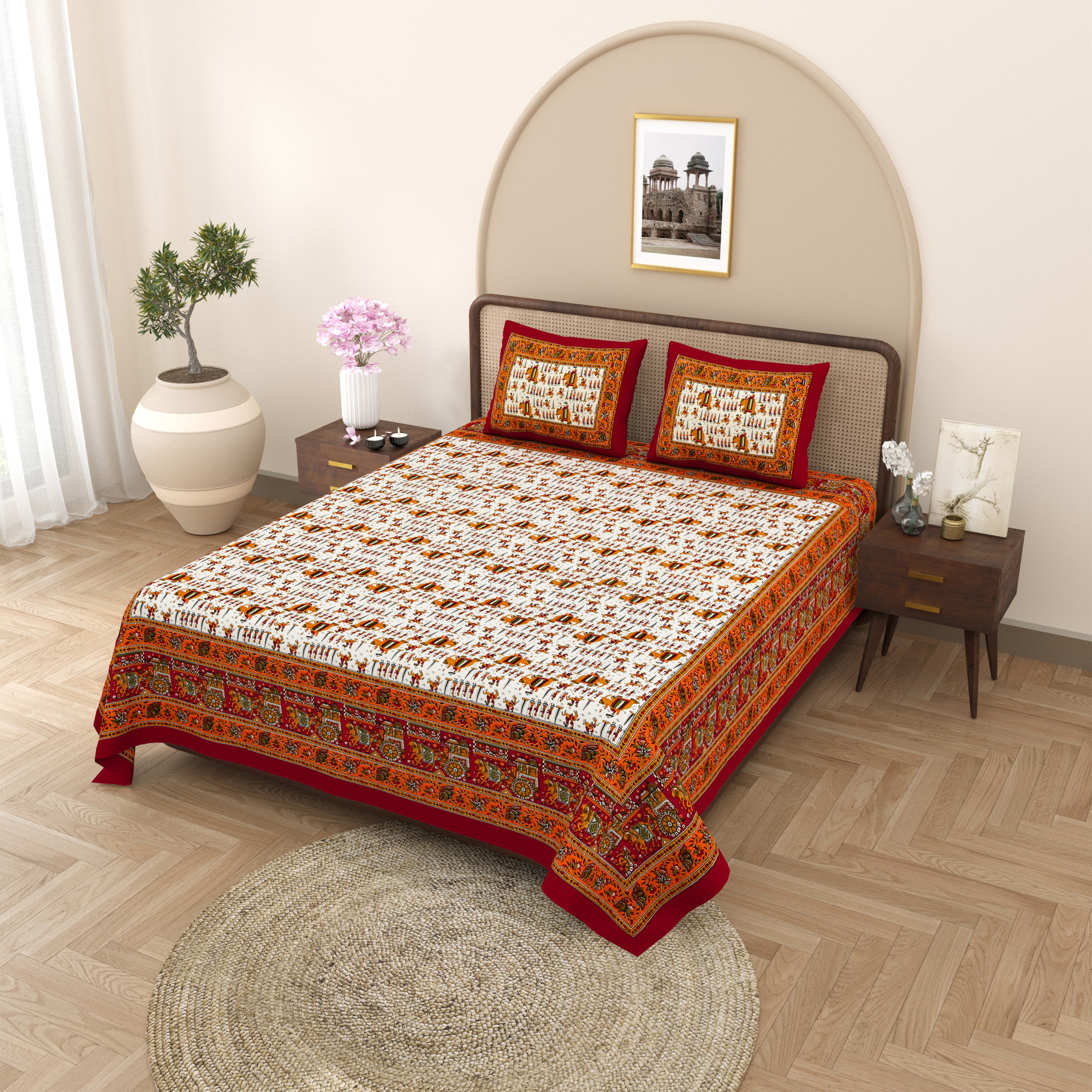 Royal Barat Pattern Pure Cotton Double Bedsheet with 2 Pillow Covers