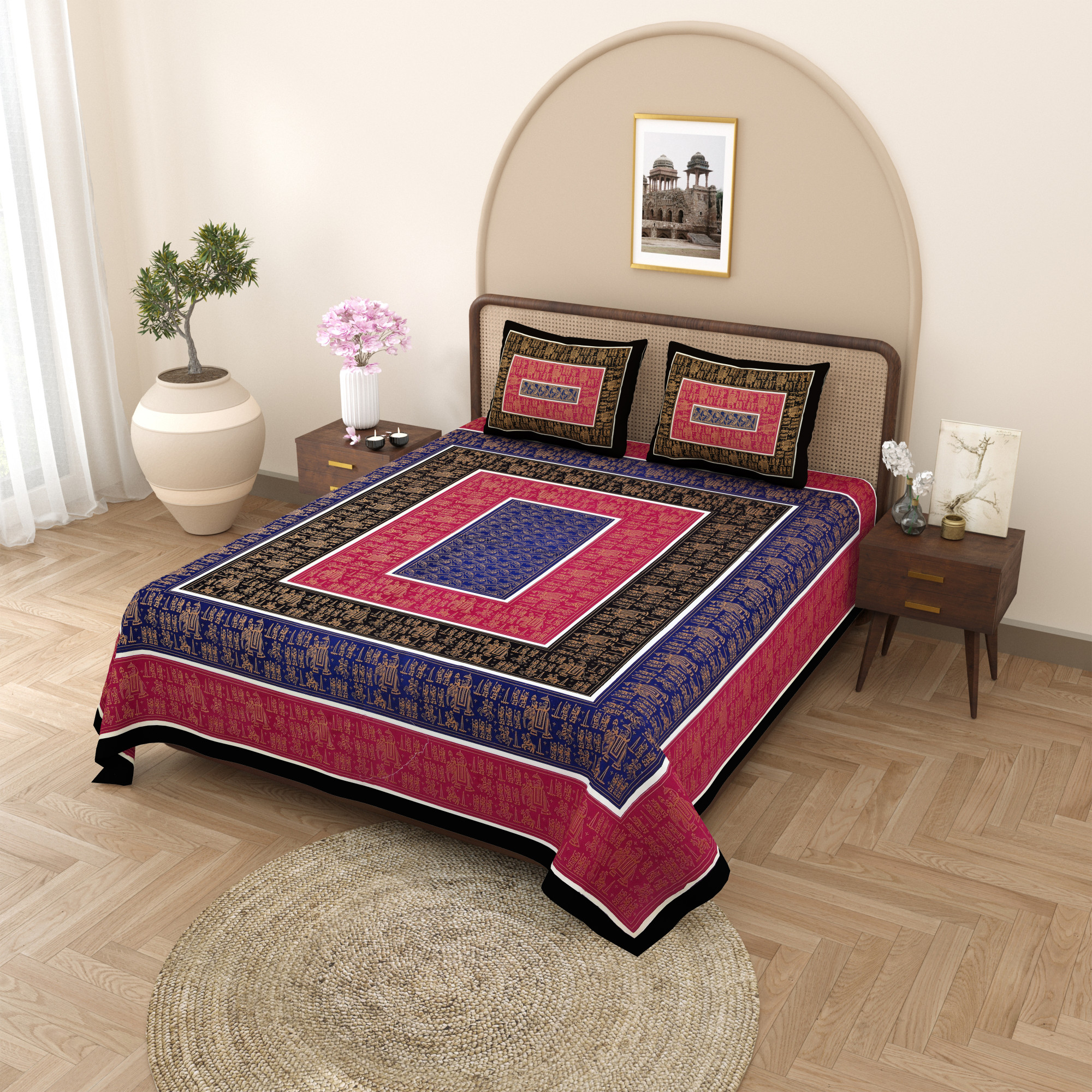 Royal Barat Pattern with Golden Print Pure Cotton Double Bedsheet with 2 Pillow Covers