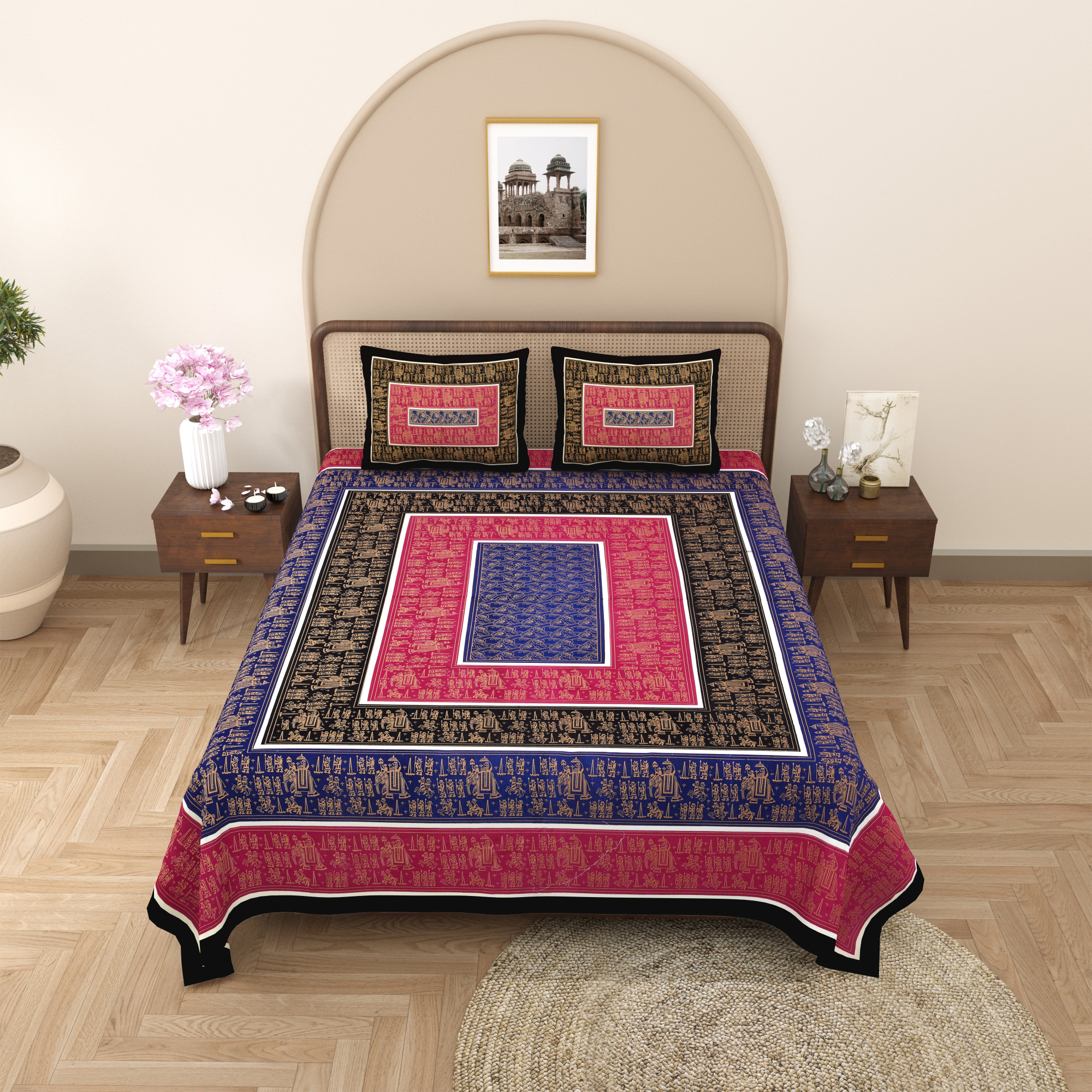 Royal Barat Pattern with Golden Print Pure Cotton Double Bedsheet with 2 Pillow Covers