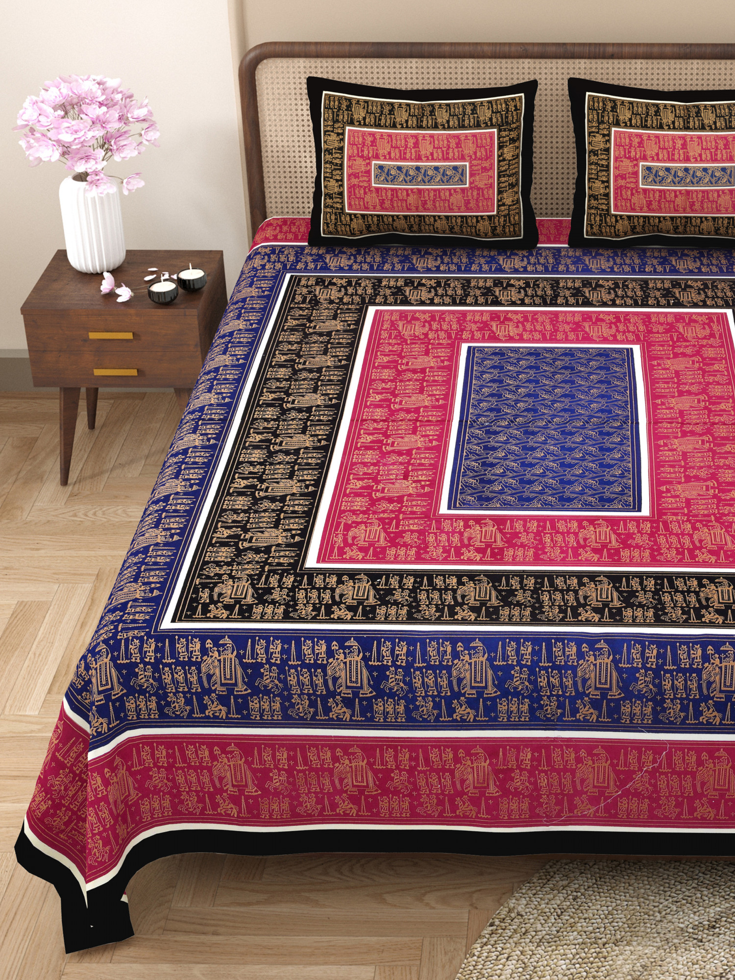 Royal Barat Pattern with Golden Print Pure Cotton Double Bedsheet with 2 Pillow Covers