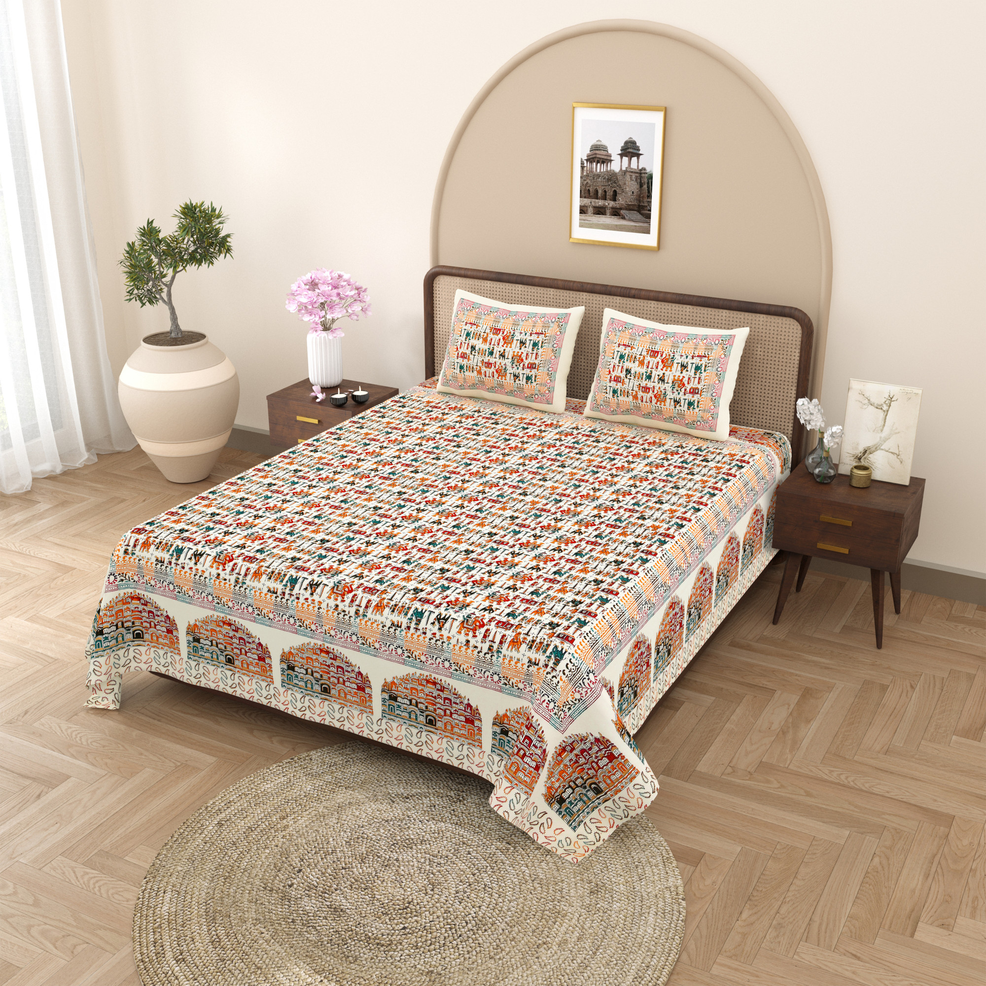 Satrangi Hawa Mahal Pattern Pure Cotton Double Bedsheet with 2 Pillow Covers