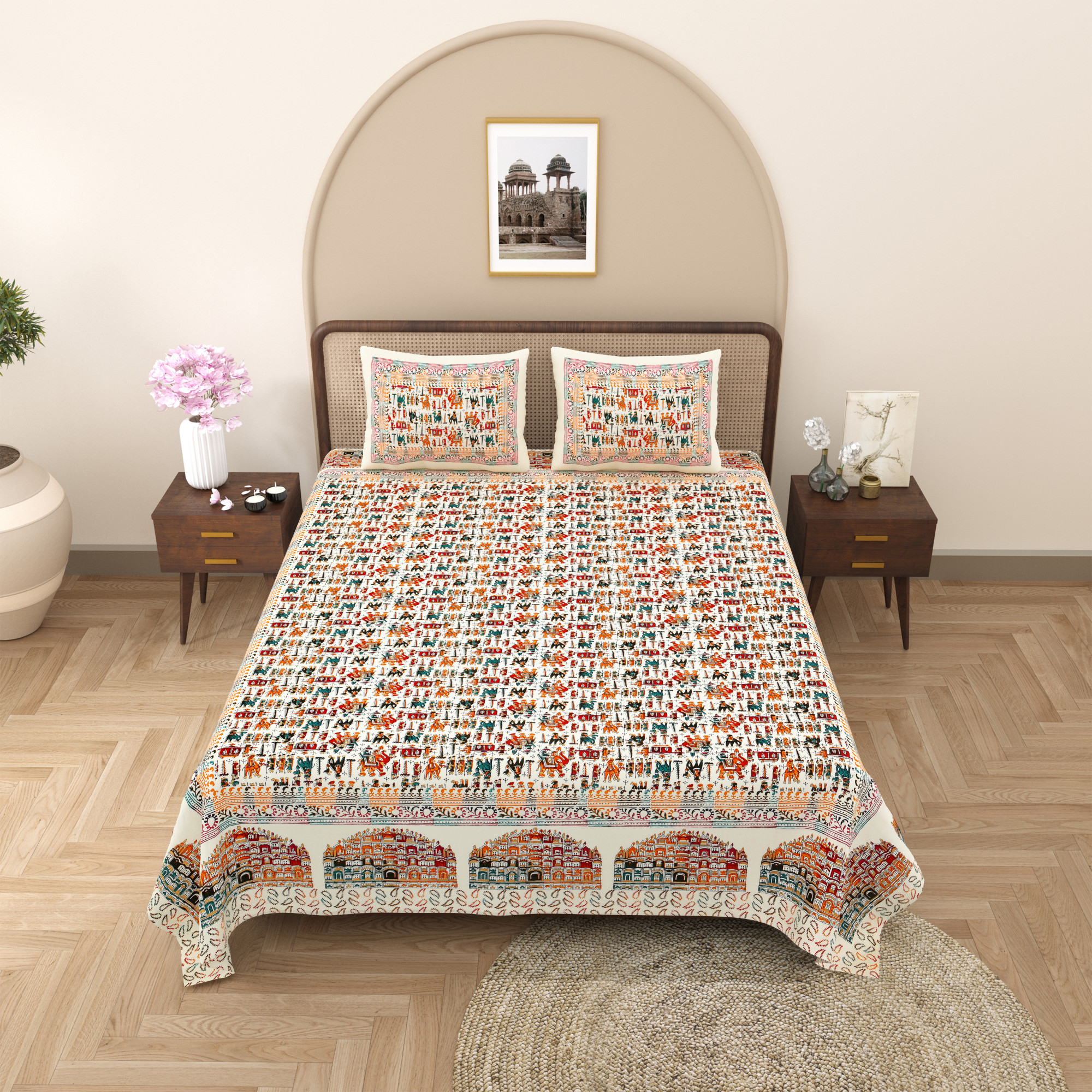 Satrangi Hawa Mahal Pattern Pure Cotton Double Bedsheet with 2 Pillow Covers