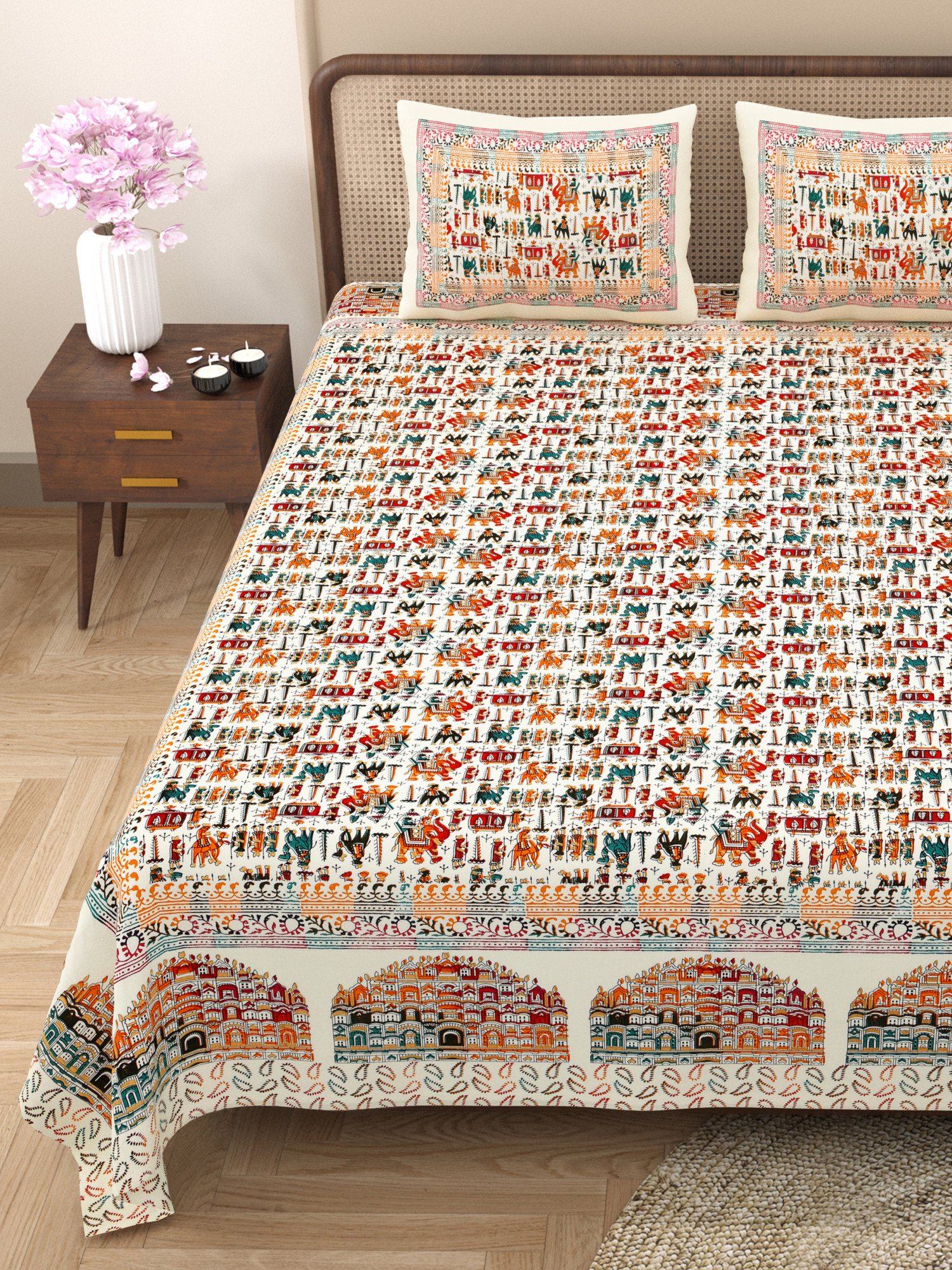 Satrangi Hawa Mahal Pattern Pure Cotton Double Bedsheet with 2 Pillow Covers