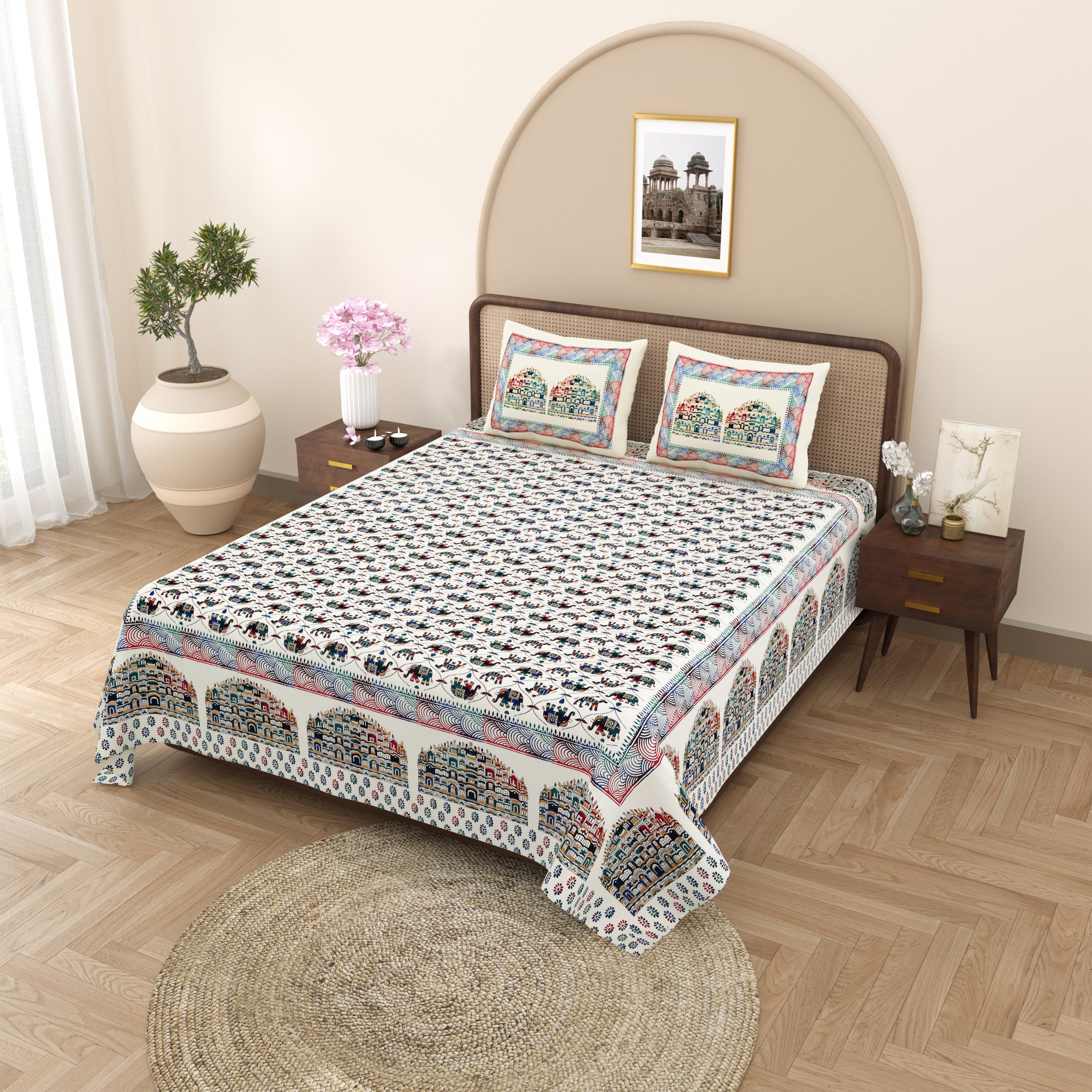 Satrangi Hawa Mahal Pattern Pure Cotton Double Bedsheet with 2 Pillow Covers
