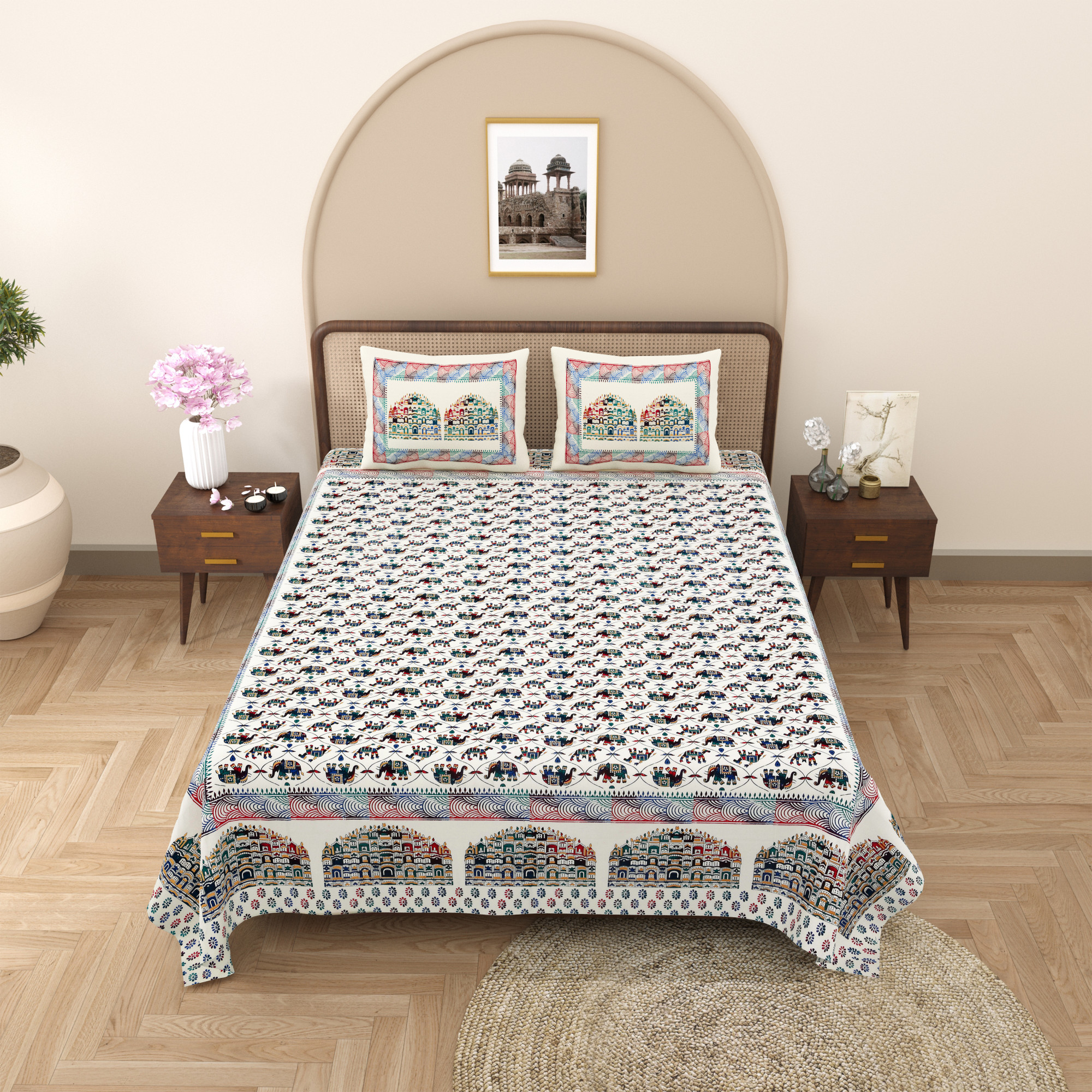 Satrangi Hawa Mahal Pattern Pure Cotton Double Bedsheet with 2 Pillow Covers