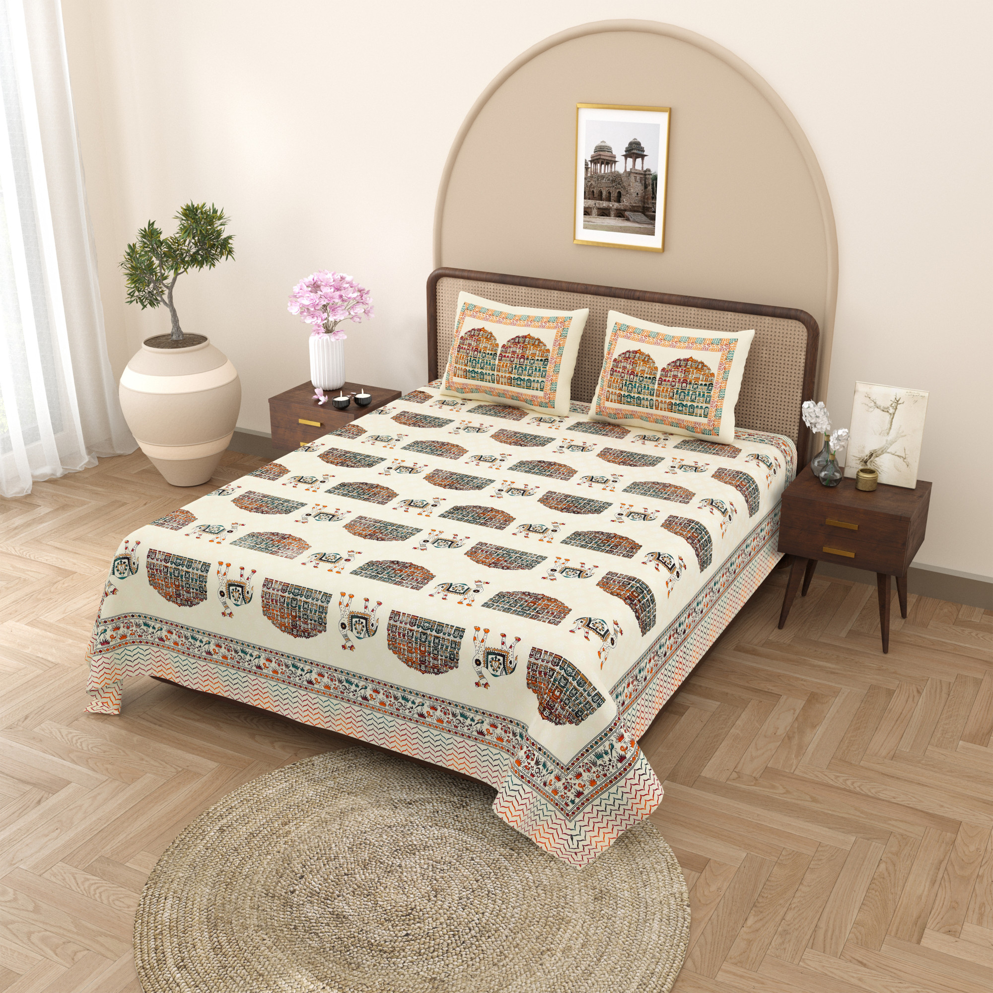 Satrangi Hawa Mahal With Camel Pure Cotton Double Bedsheet with 2 Pillow Covers