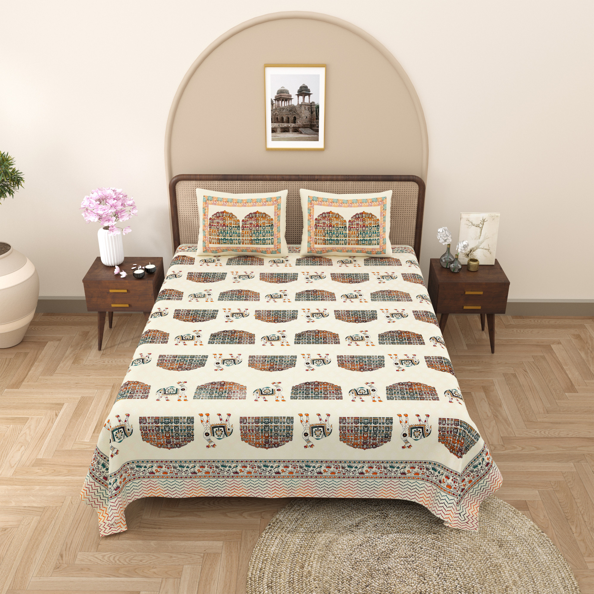 Satrangi Hawa Mahal With Camel Pure Cotton Double Bedsheet with 2 Pillow Covers