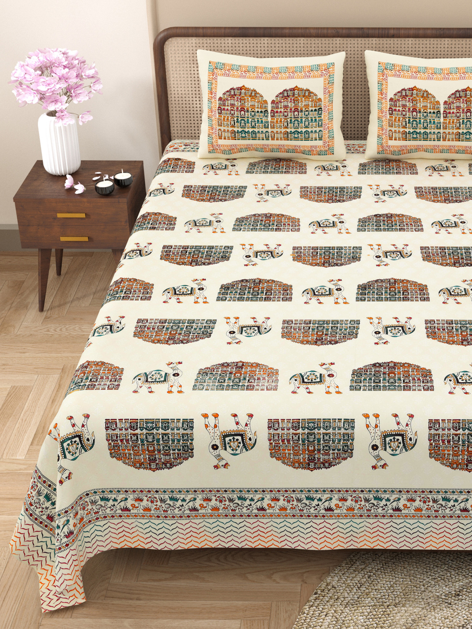 Satrangi Hawa Mahal With Camel Pure Cotton Double Bedsheet with 2 Pillow Covers
