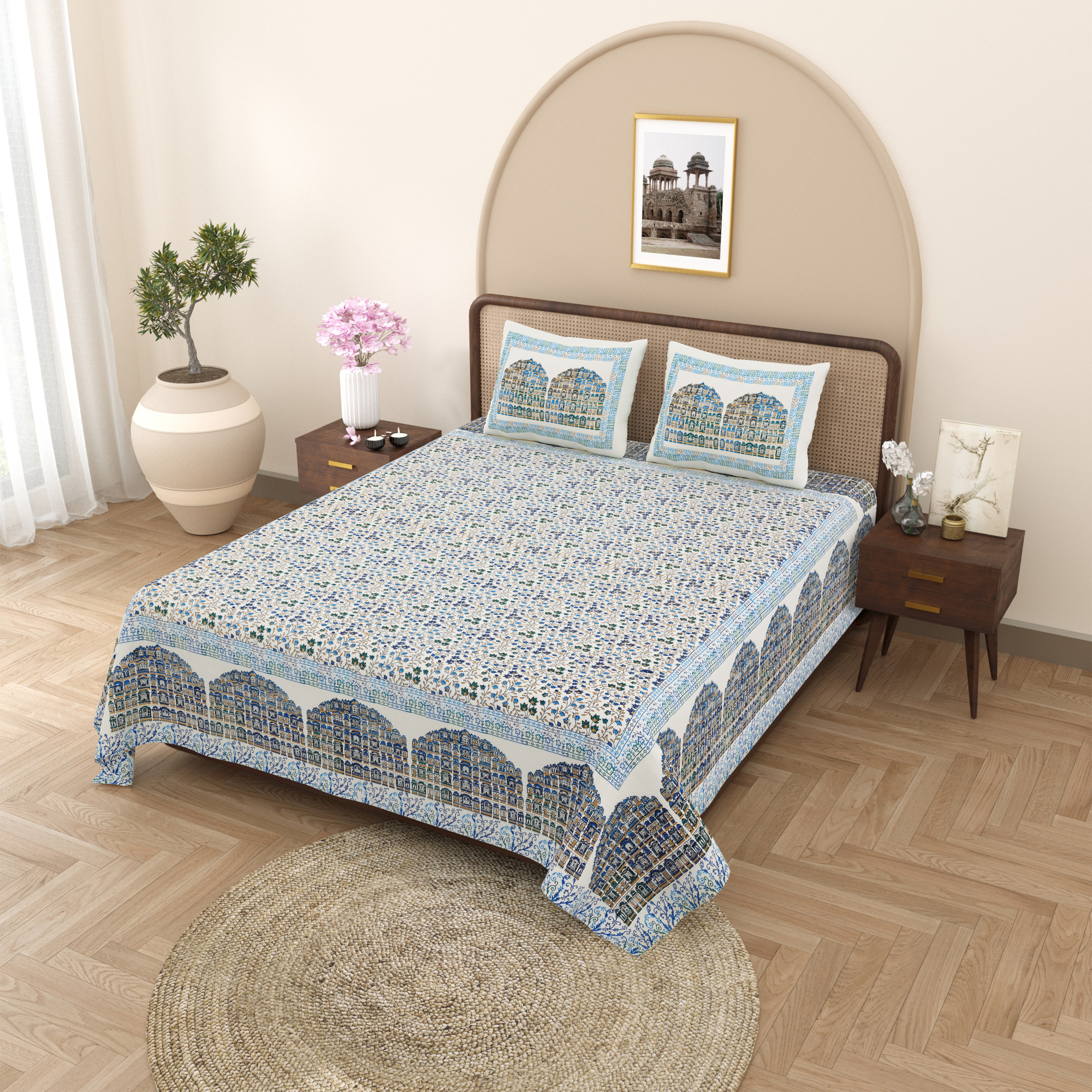 Satrangi Hawa Mahal With Floral Print Pure Cotton Double Bedsheet with 2 Pillow Covers