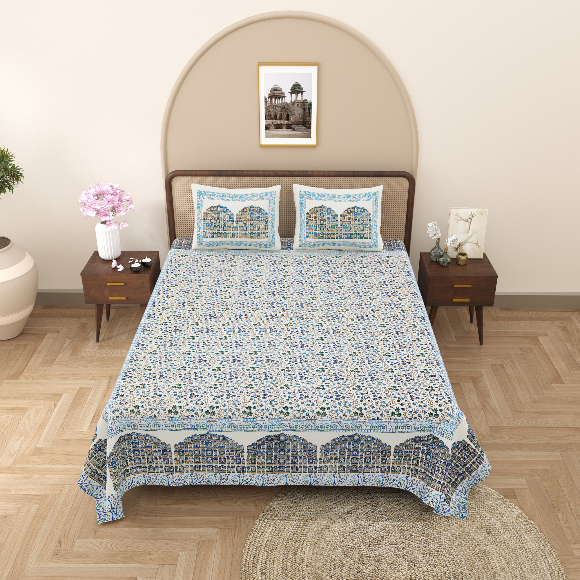 Satrangi Hawa Mahal With Floral Print Pure Cotton Double Bedsheet with 2 Pillow Covers