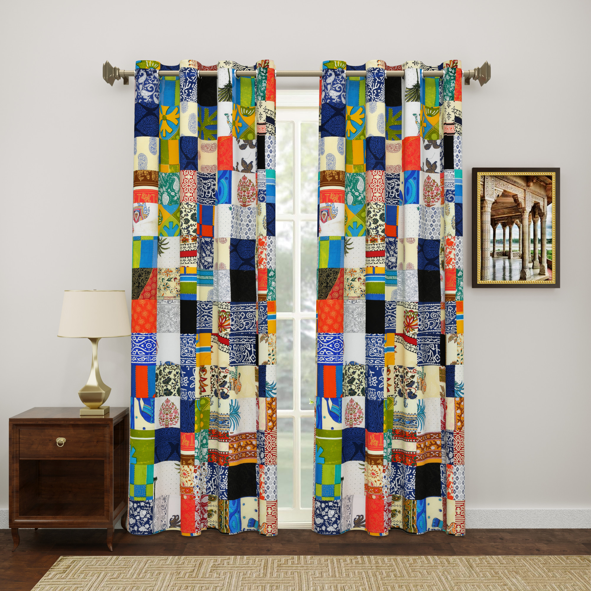 Satrangi Multi Patachwork 100 Cotton Curtains For Living Room Bedroom Curtains - Pack Of 2 Curtains