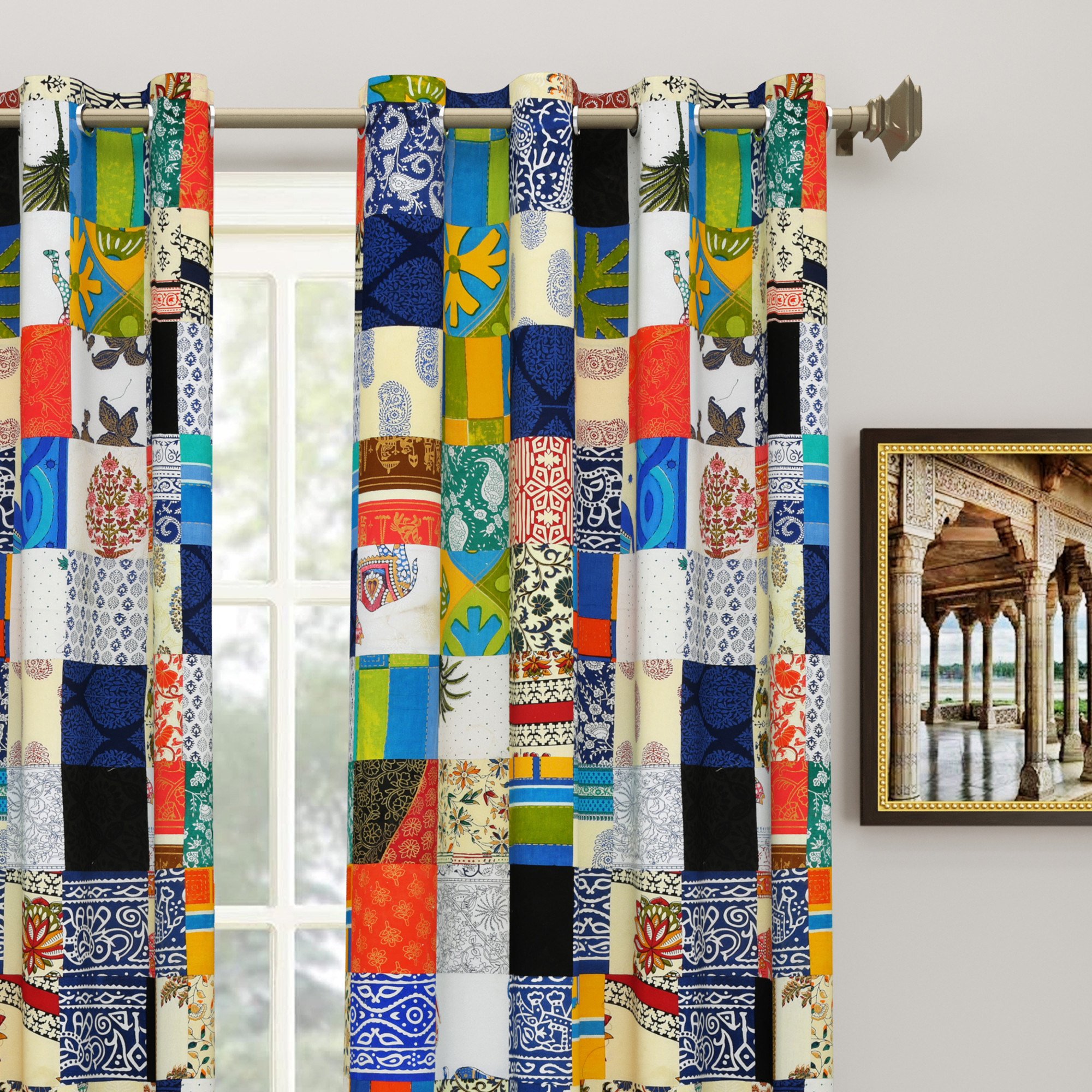 Satrangi Multi Patachwork 100 Cotton Curtains For Living Room Bedroom Curtains - Pack Of 2 Curtains