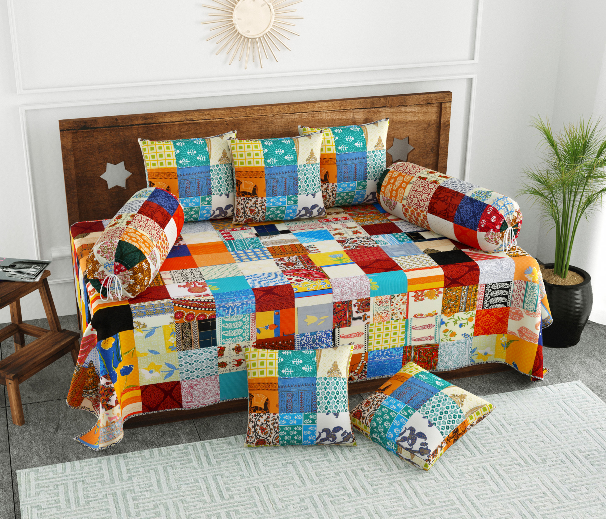 Satrangi Multi Patchwork 100 Pure Cotton Diwan Set for Living Room - Set Of 8 Pieces 1 Diwan sheet 5 Cushion Covers 2 Bolster Covers