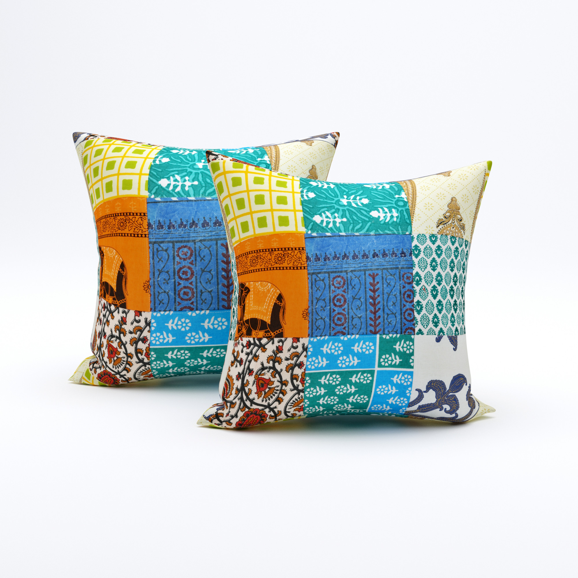 Satrangi Multi Patchwork 100 Pure Cotton Diwan Set for Living Room - Set Of 8 Pieces 1 Diwan sheet 5 Cushion Covers 2 Bolster Covers