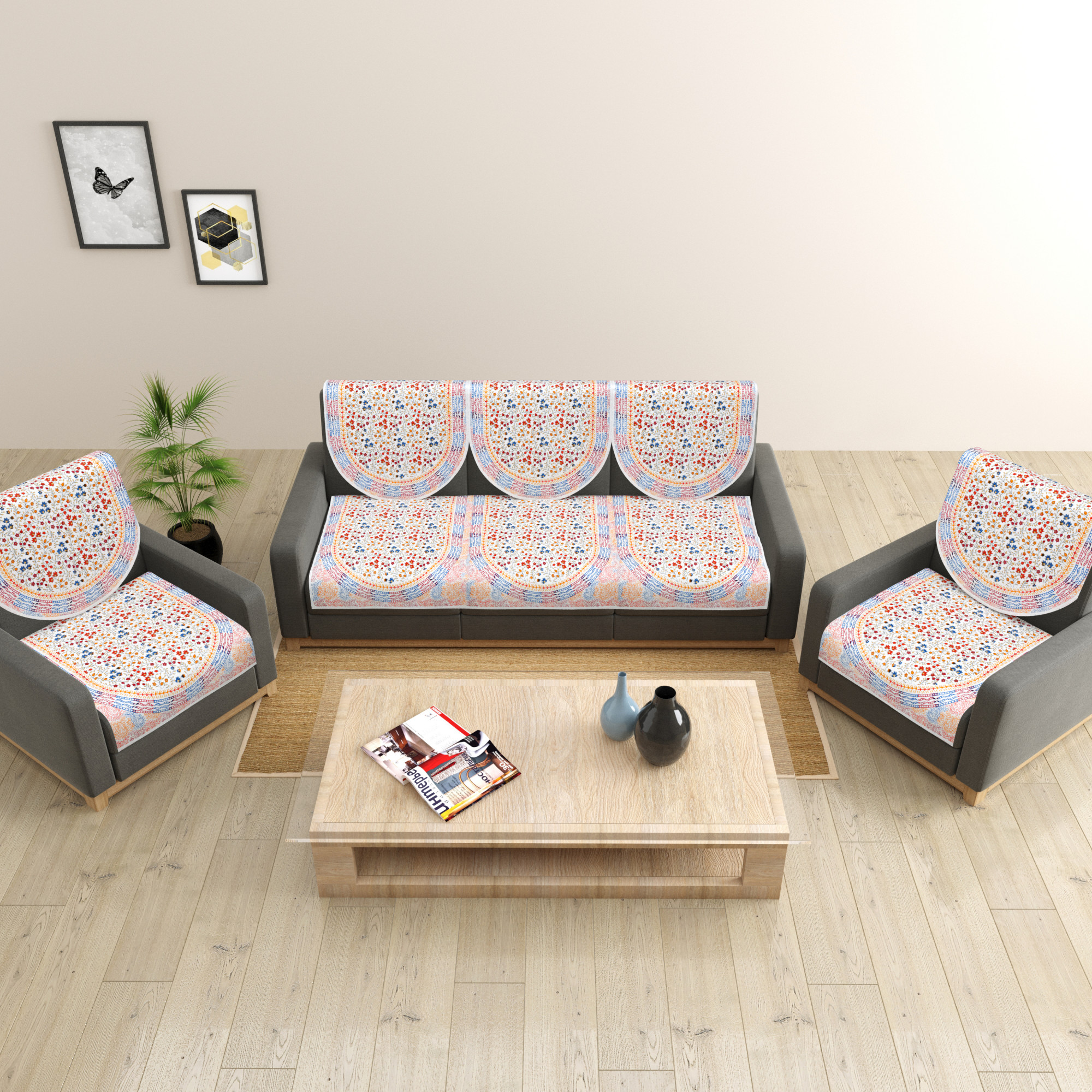 Satrangi Golden Floral Printed Pure Cotton Sofa Set Cover Set of 10 Pieces