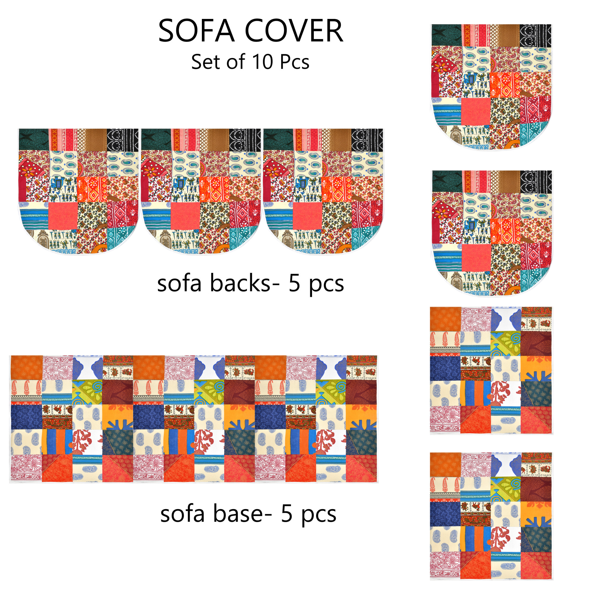 Multi Satrangi Patchwork Pure Cotton Sofa Set Cover Set of 10 Pieces