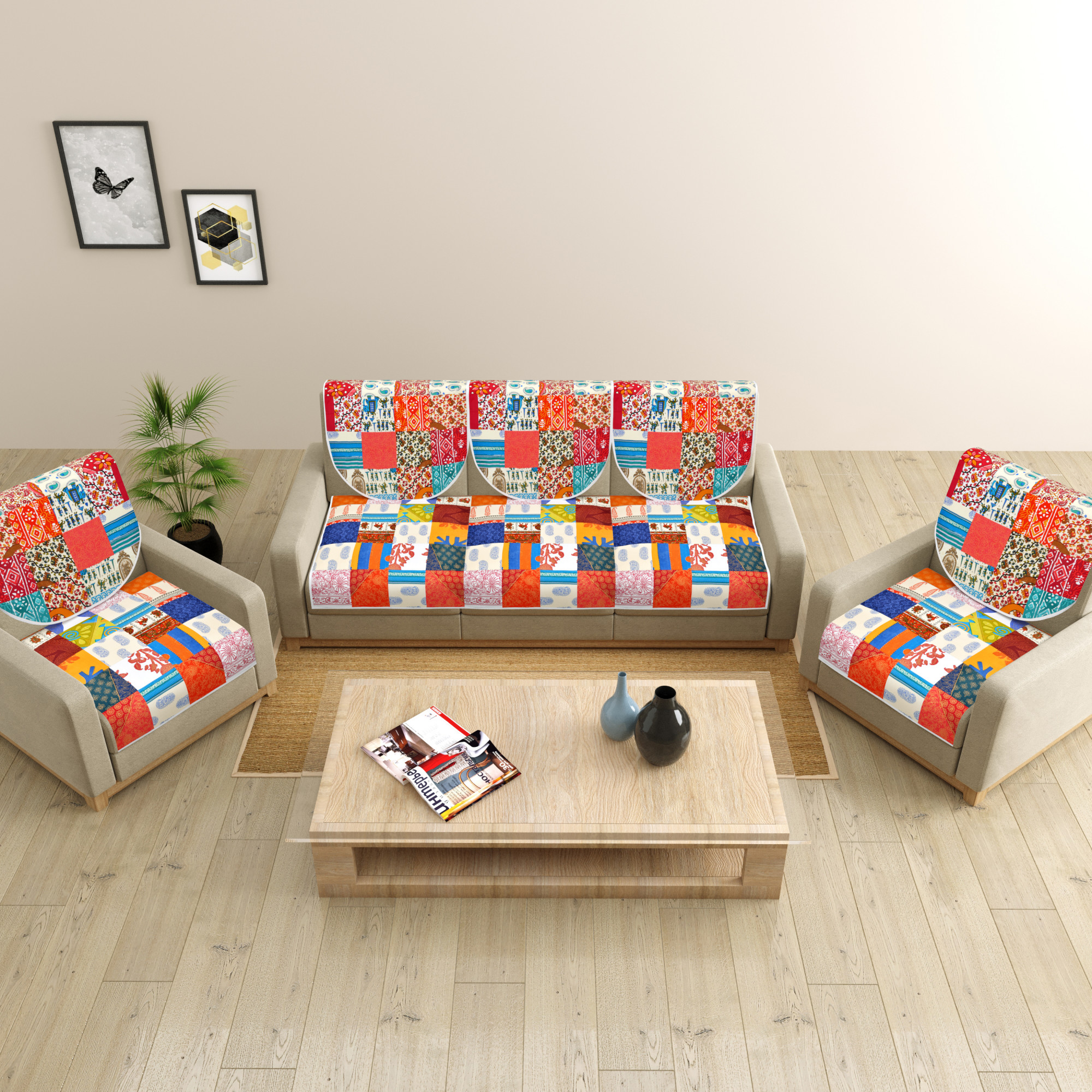 Multi Satrangi Patchwork Pure Cotton Sofa Set Cover Set of 10 Pieces