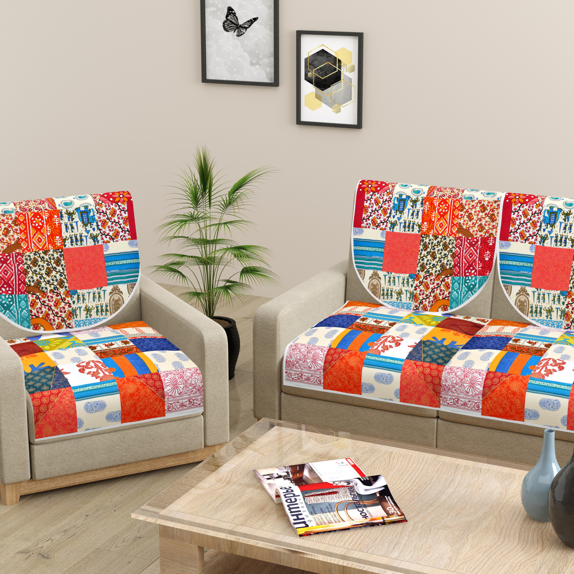 Multi Satrangi Patchwork Pure Cotton Sofa Set Cover Set of 10 Pieces