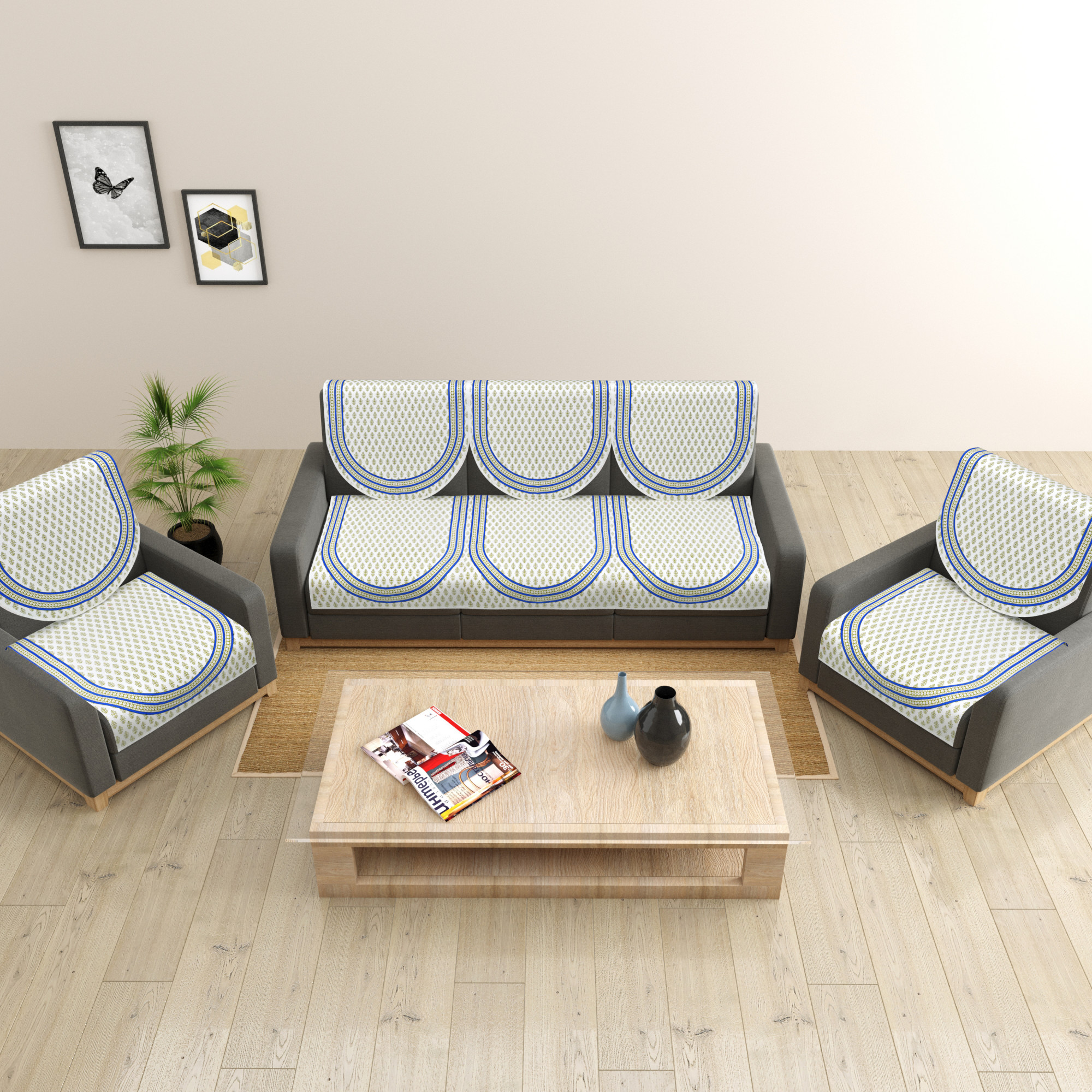 Green Floral Printed Pure Cotton Sofa Set Cover Set of 10 Pieces