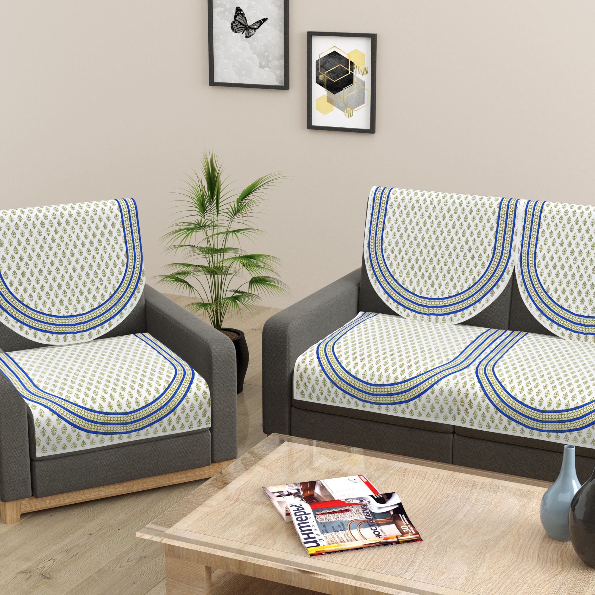 Green Floral Printed Pure Cotton Sofa Set Cover Set of 10 Pieces