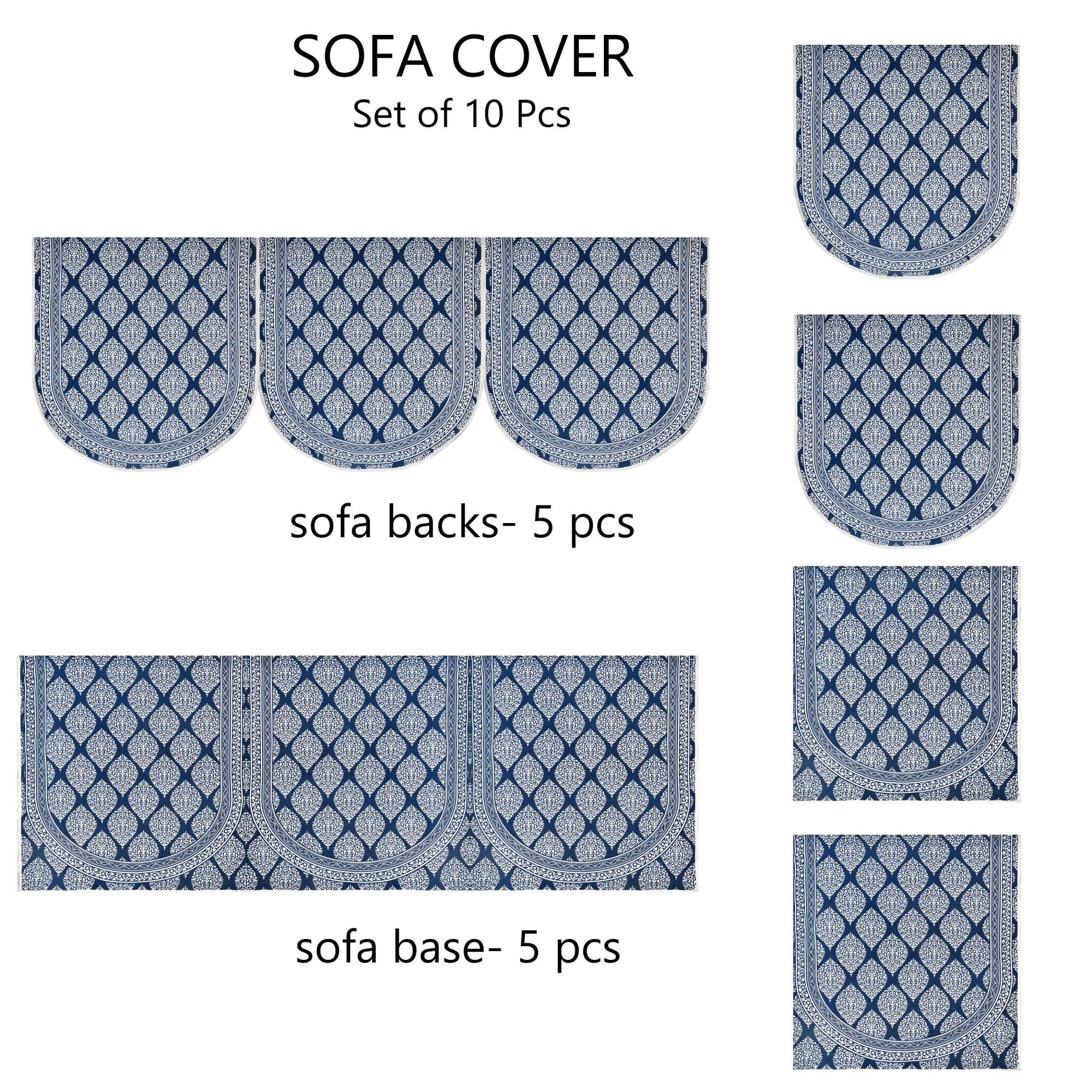 Blue Base with White Floral Print Pure Cotton Sofa Set Cover Set of 10 Pieces