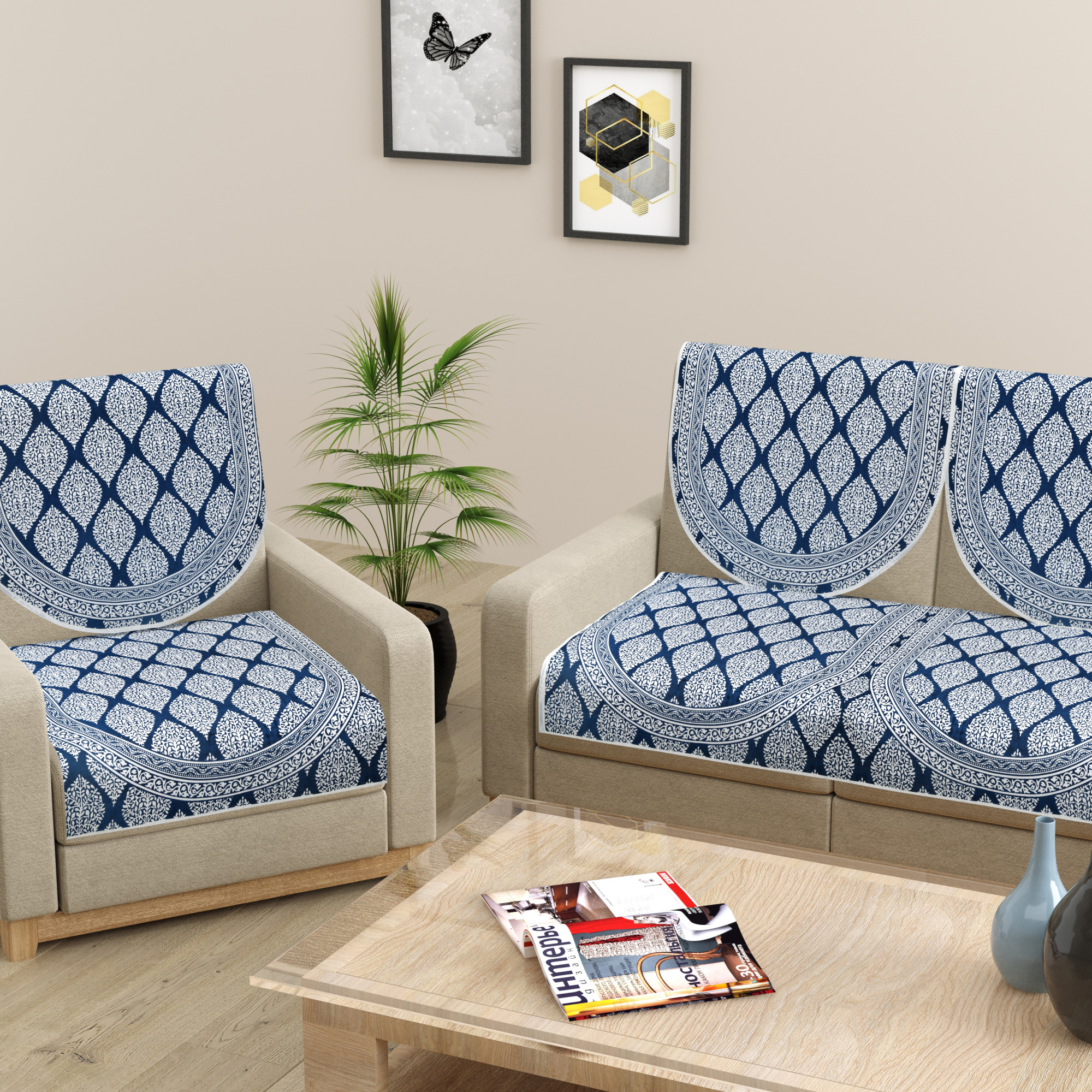 Blue Base with White Floral Print Pure Cotton Sofa Set Cover Set of 10 Pieces