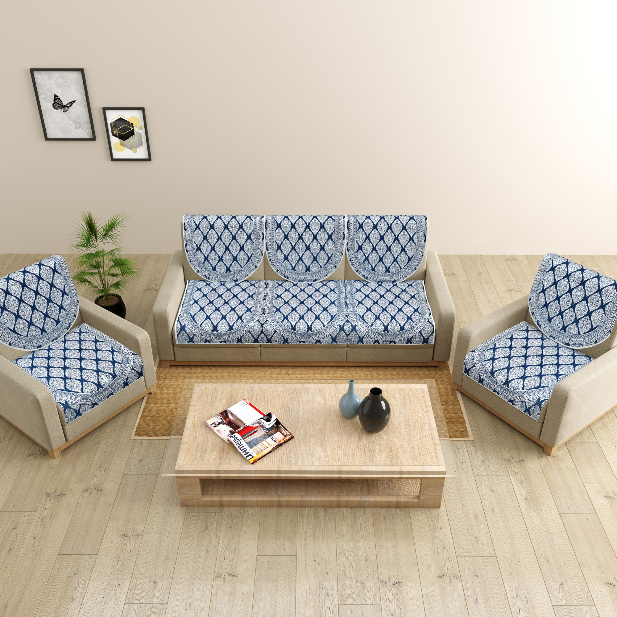 Blue Base with White Floral Print Pure Cotton Sofa Set Cover Set of 10 Pieces