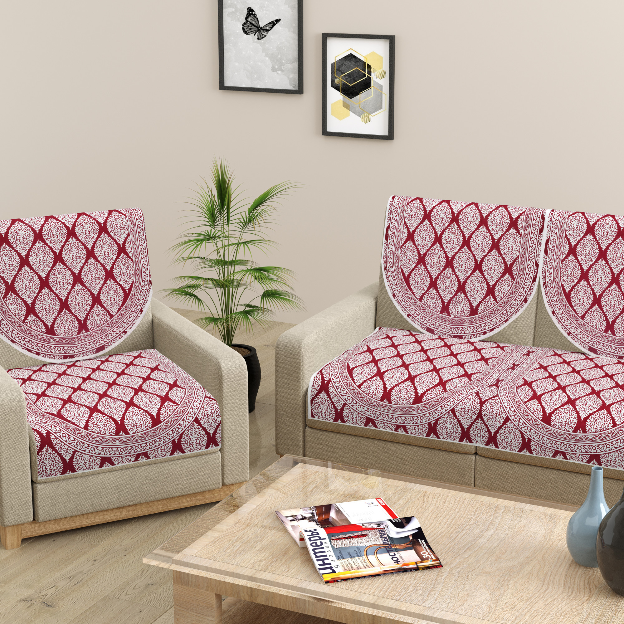Maroon Base with White Floral Print Pure Cotton Sofa Set Cover Set of 10 Pieces