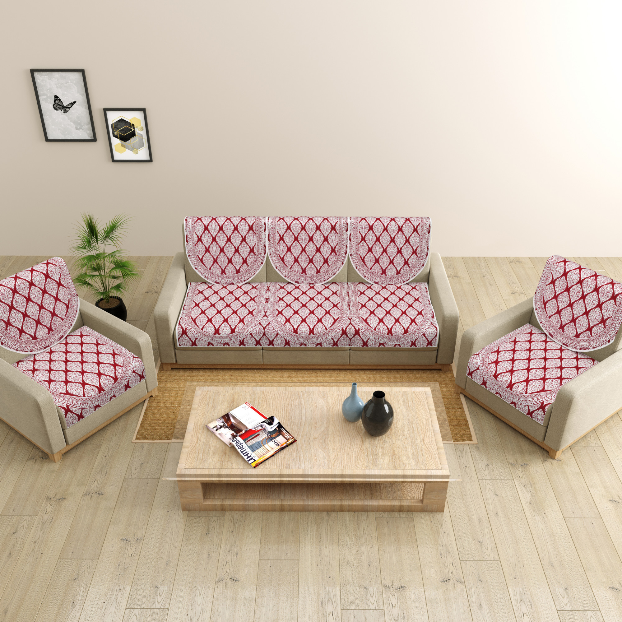 Maroon Base with White Floral Print Pure Cotton Sofa Set Cover Set of 10 Pieces