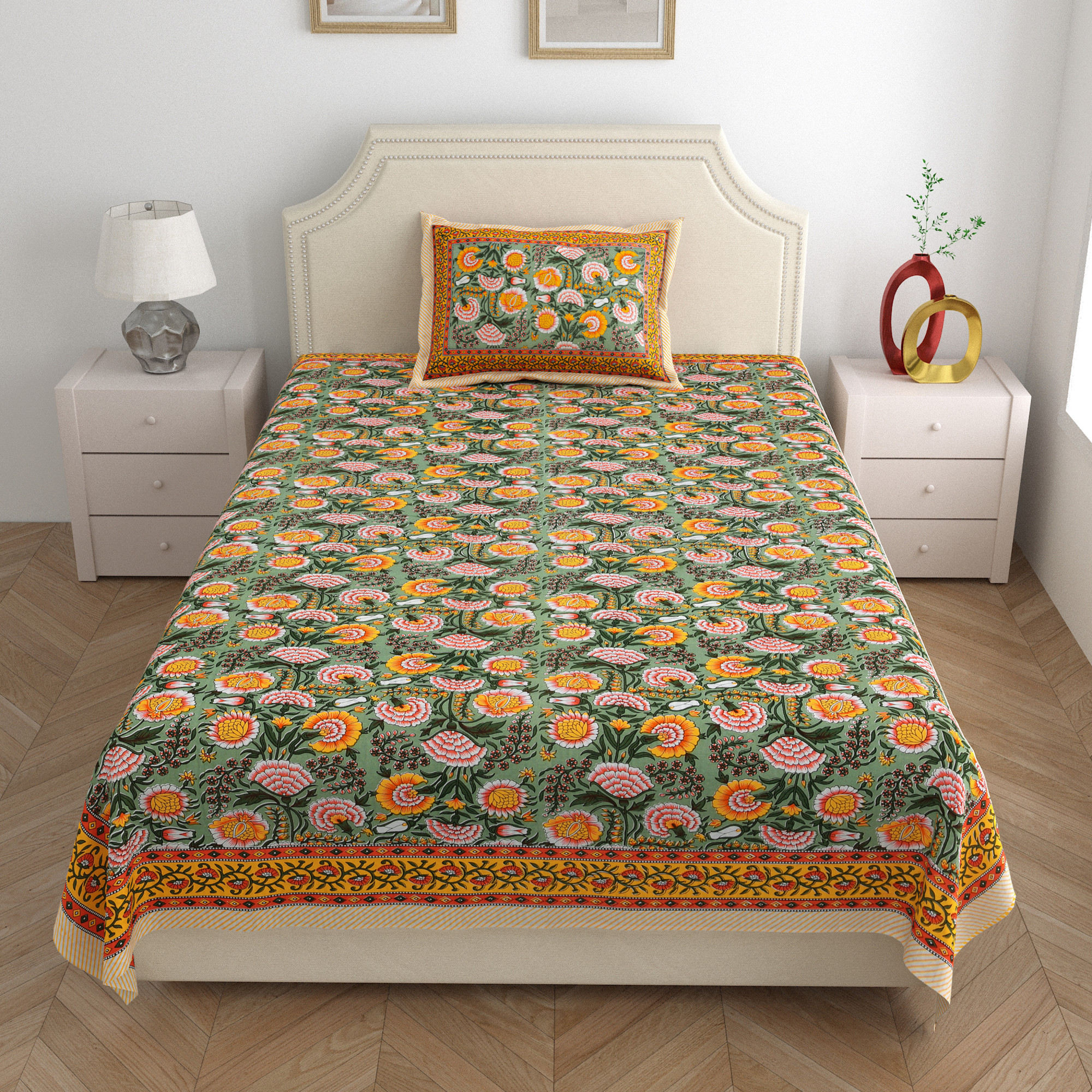 Green Yellow Floral 210 TC Pure Cotton Single Bedsheet with 1 Pillow Cover