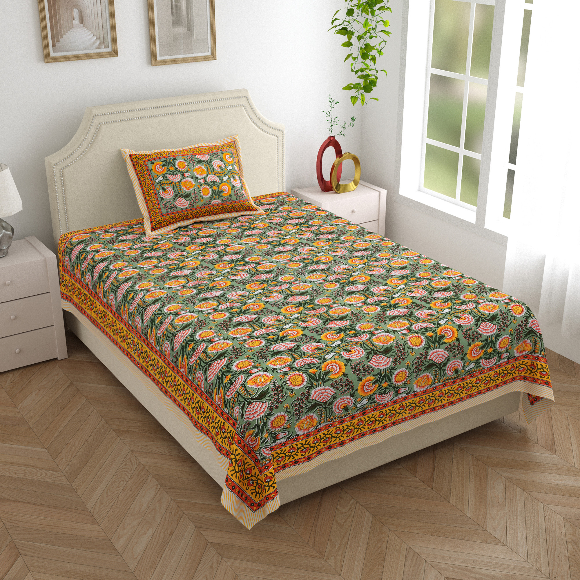 Green Yellow Floral 210 TC Pure Cotton Single Bedsheet with 1 Pillow Cover
