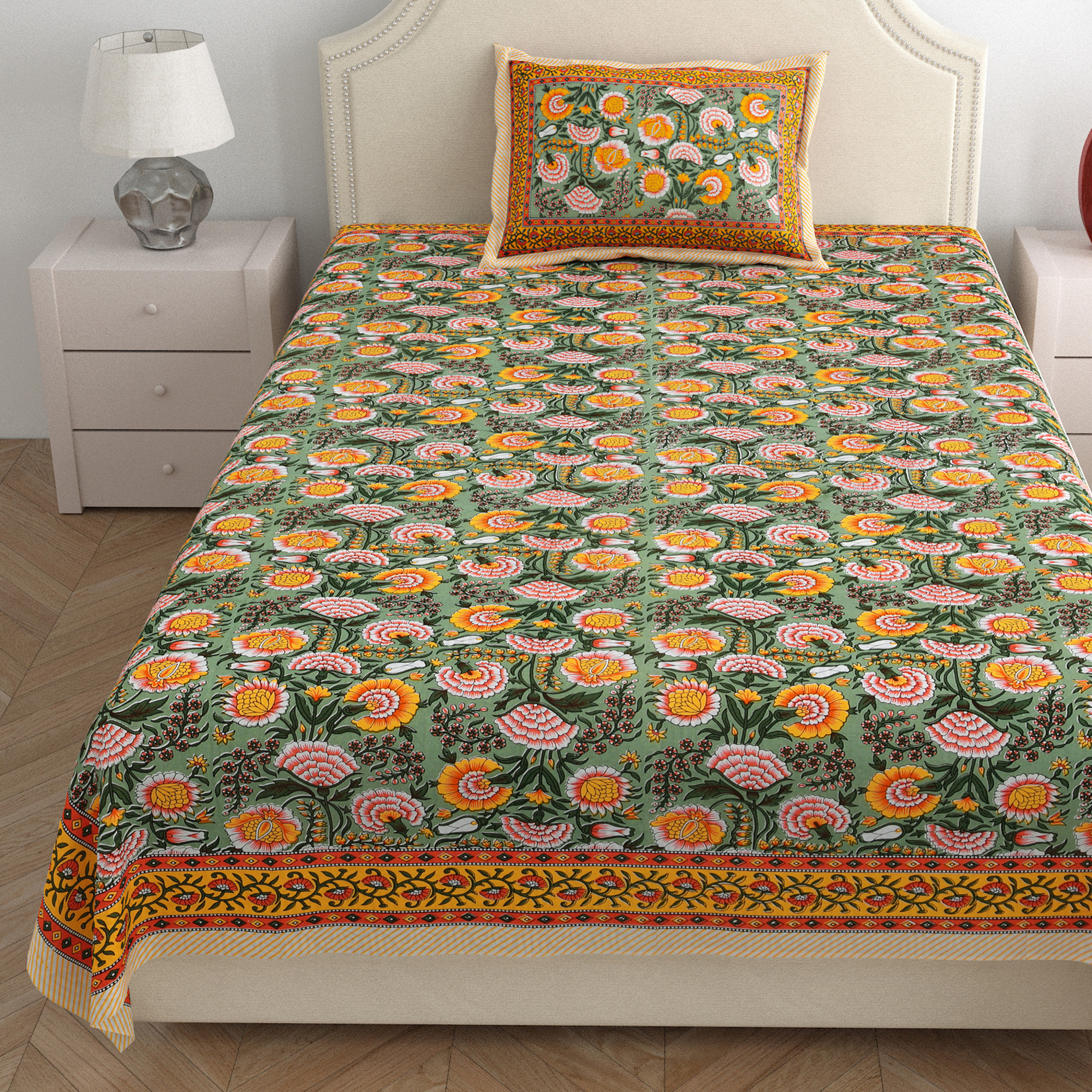 Green Yellow Floral 210 TC Pure Cotton Single Bedsheet with 1 Pillow Cover