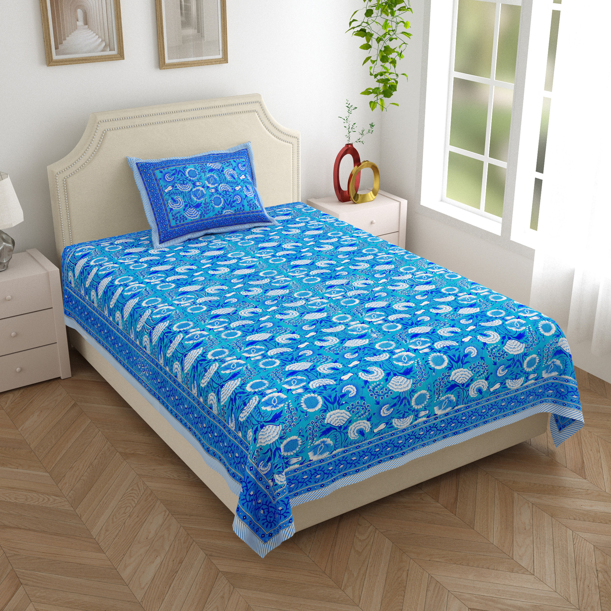 Blue White Floral 210 TC Pure Cotton Single Bedsheet with 1 Pillow Cover
