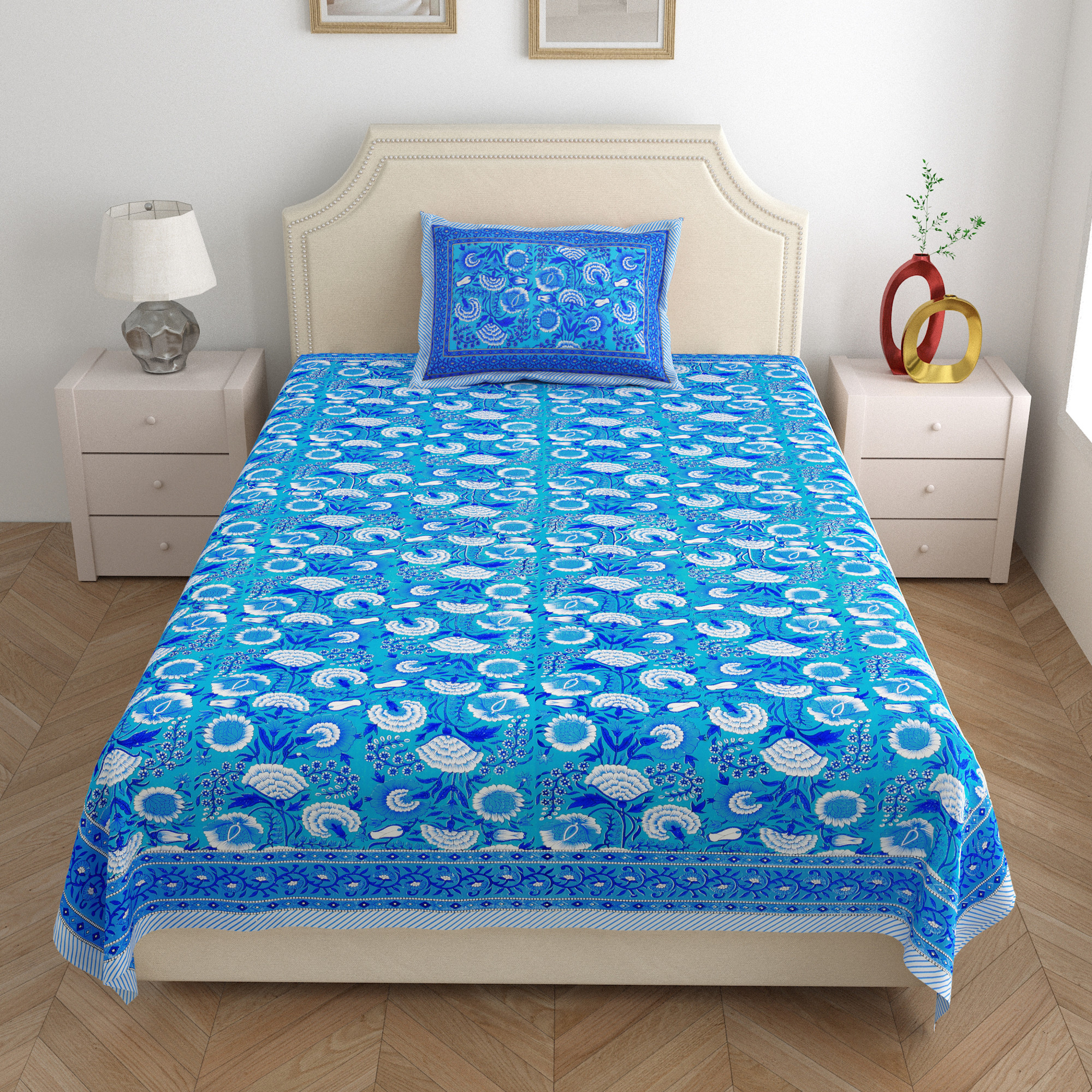 Blue White Floral 210 TC Pure Cotton Single Bedsheet with 1 Pillow Cover