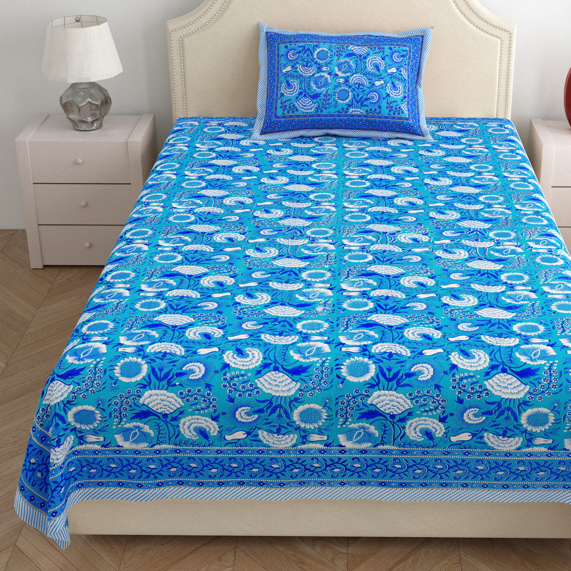 Blue White Floral 210 TC Pure Cotton Single Bedsheet with 1 Pillow Cover