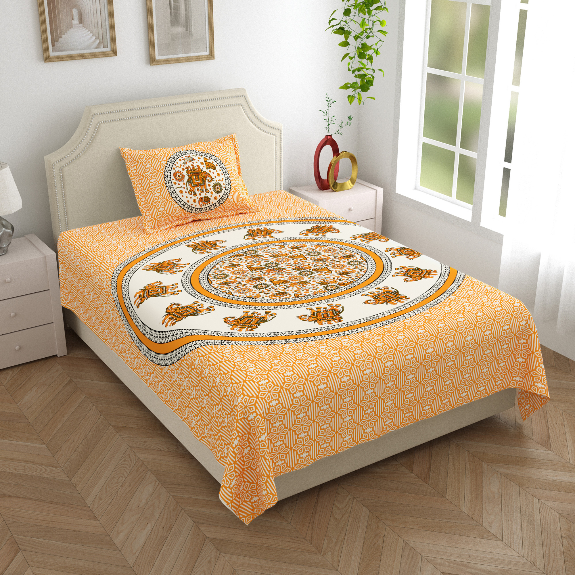 Yellow White Printed 210 TC Pure Cotton Single Bedsheet with 1 Pillow Cover