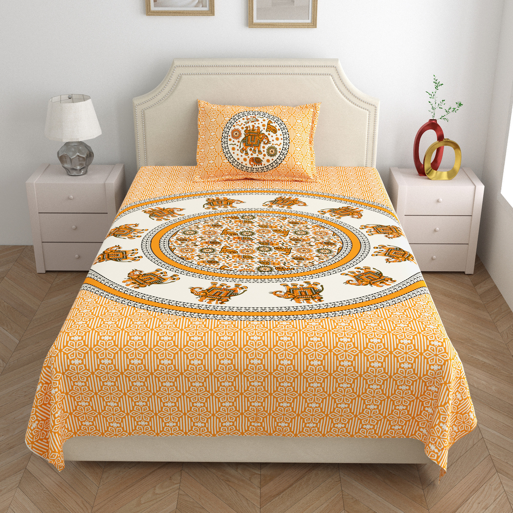 Yellow White Printed 210 TC Pure Cotton Single Bedsheet with 1 Pillow Cover