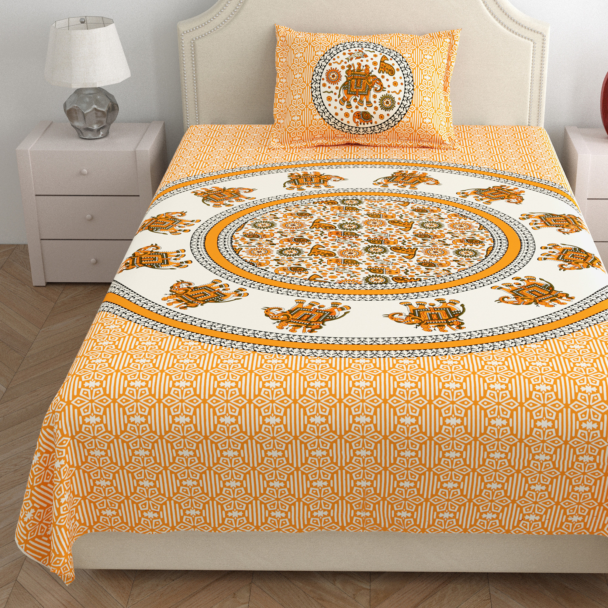 Yellow White Printed 210 TC Pure Cotton Single Bedsheet with 1 Pillow Cover